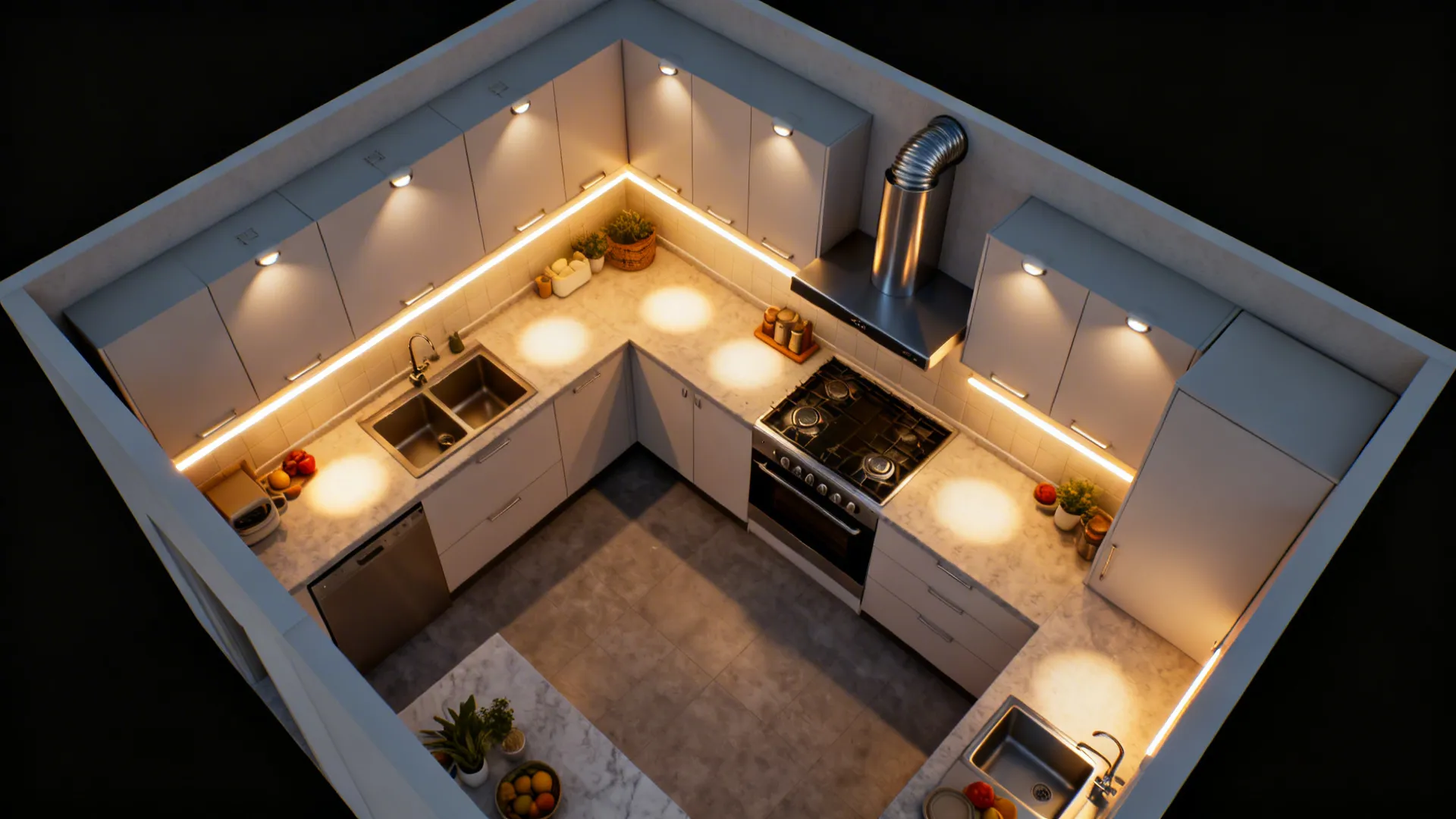 Top-down view showing ambient, task, and accent lighting layers with a ducted hood in a 10x13 kitchen.