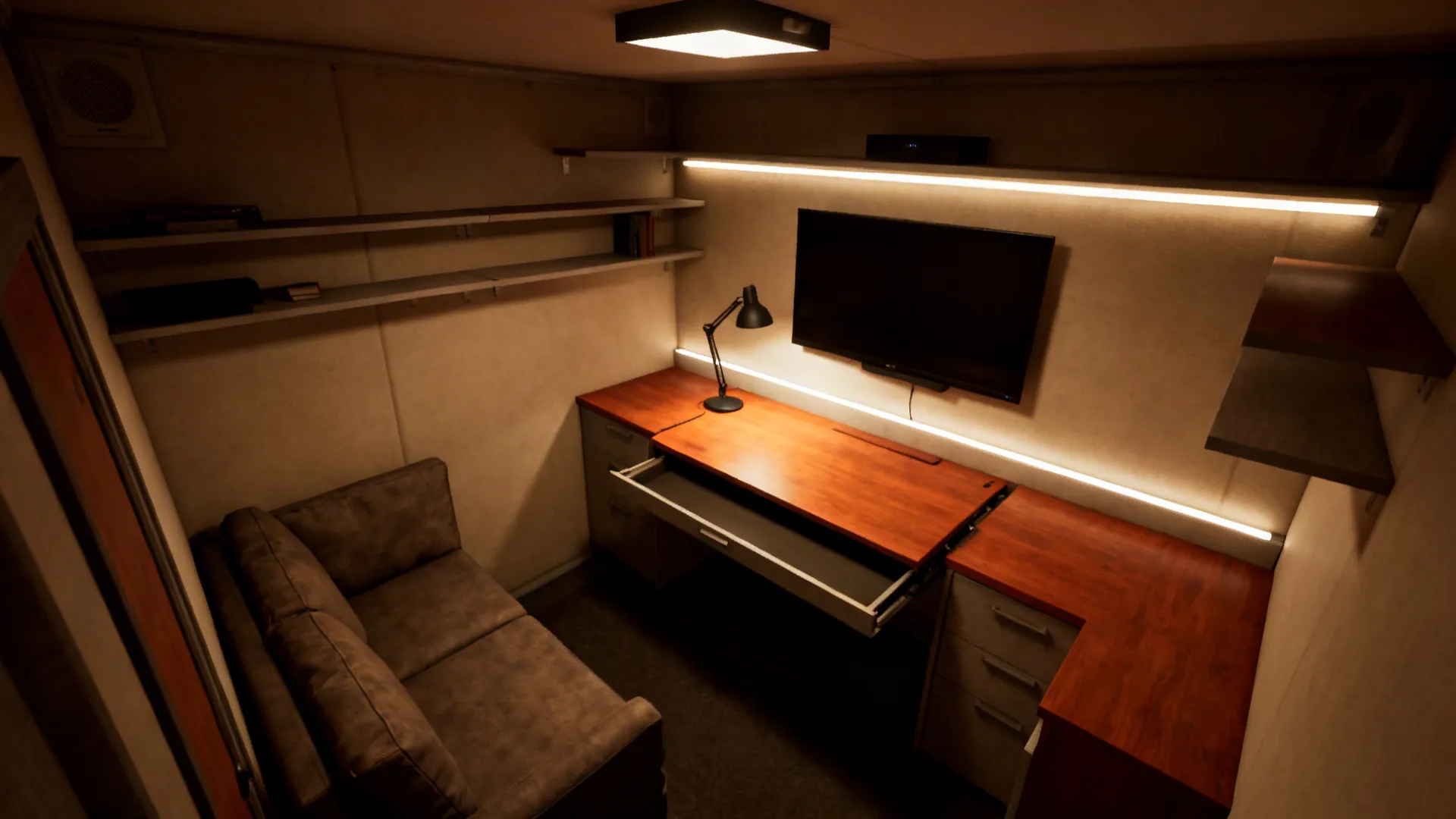 Top-down view of a compact man cave illustrating task lights, TV backlighting, and a dimmable ceiling light.