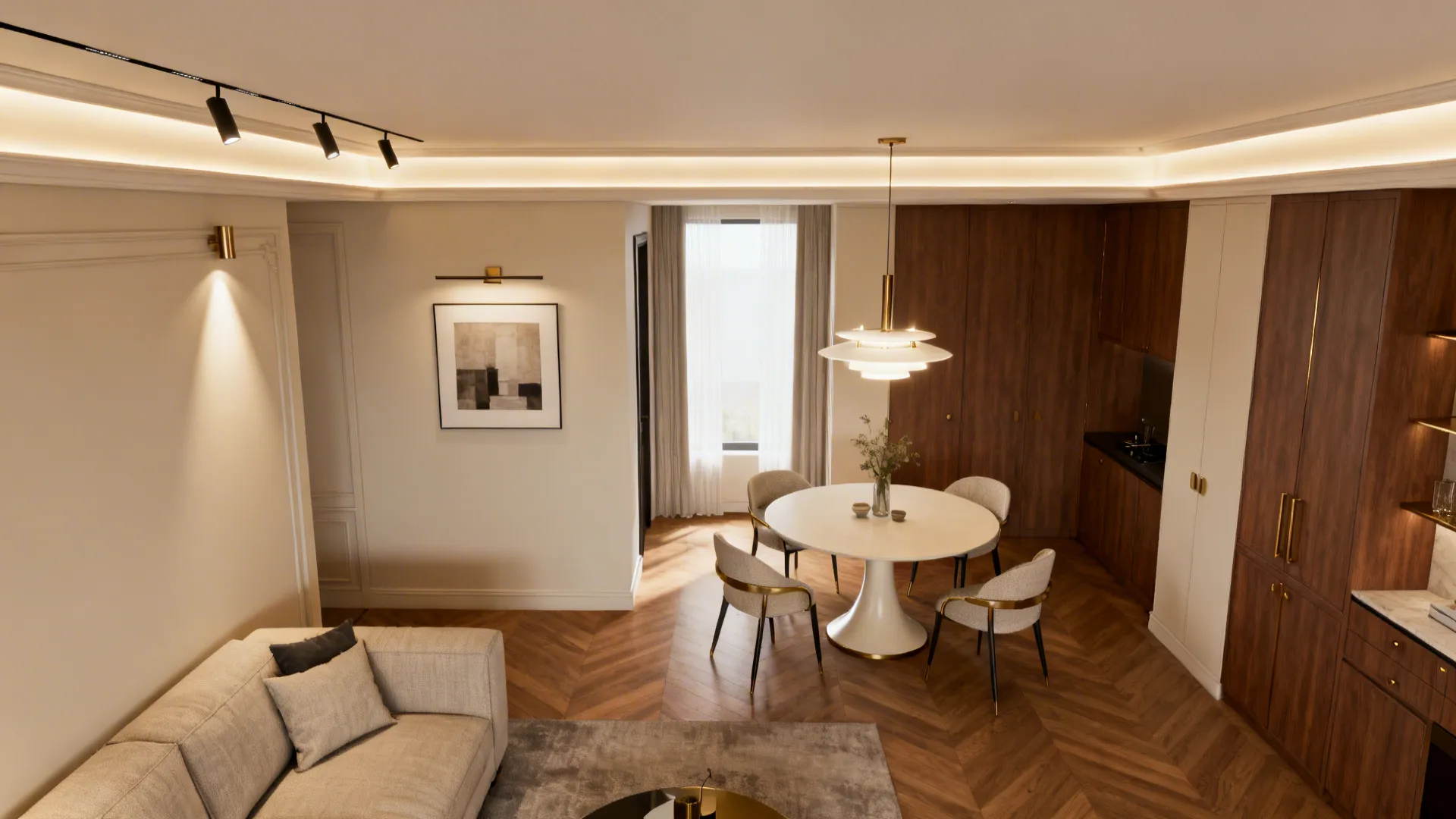 Top-down view showing cove LEDs, track spots, and chandelier zones in a compact living-dining room.
