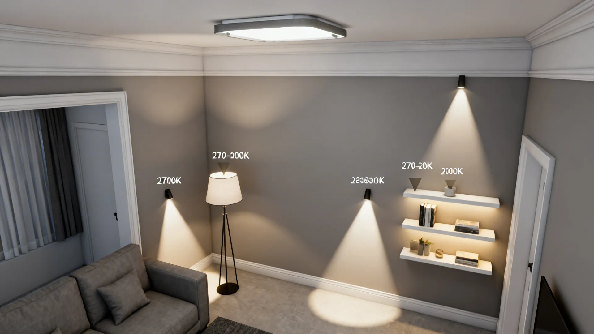 Top-down view showing ambient, task, and accent lighting in a grey and white living room.