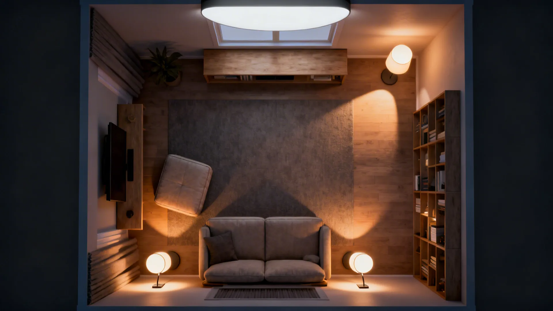 Top-down visualization of ambient, task, and accent lighting zones in a small living room.