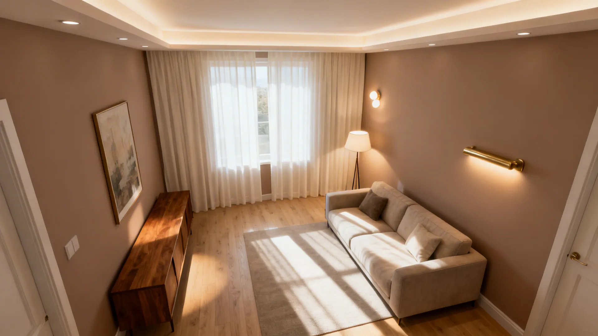 Living room interior design drawing with sofa cabinet floor lamp wall light and white curtains