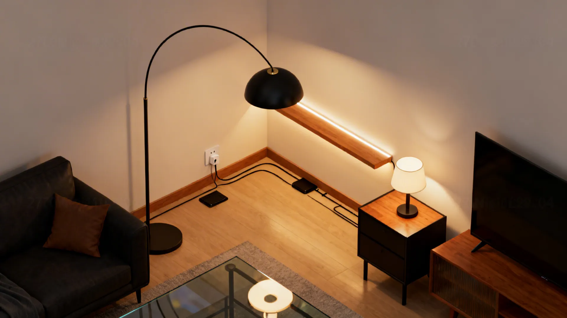 Top-down view showing an arc floor lamp, table lamp, and LED strip layered in a small living room corner with tidy cable management.