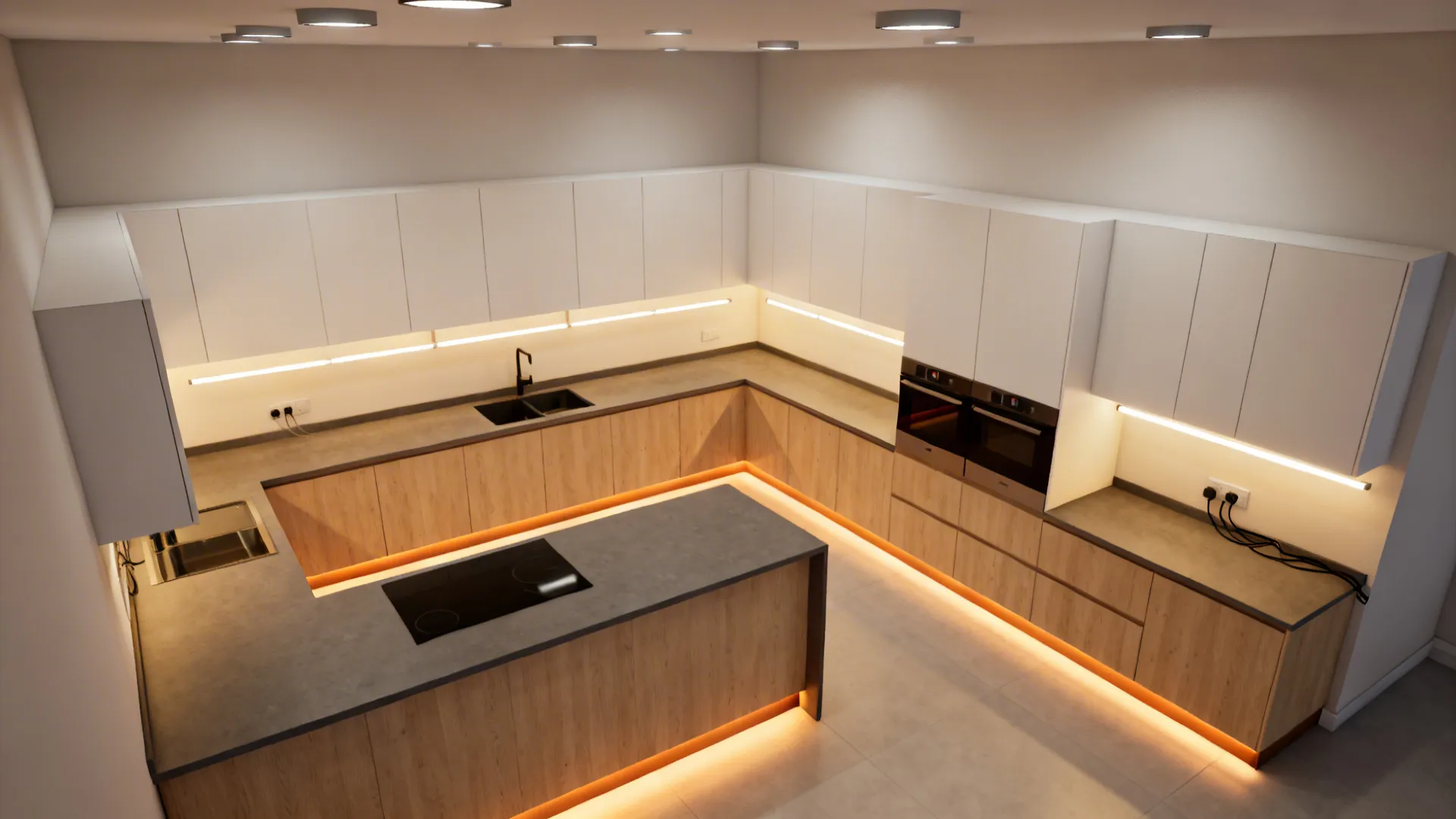 Top-down view of an L-shaped kitchen showing ambient, task, and accent lighting layers.