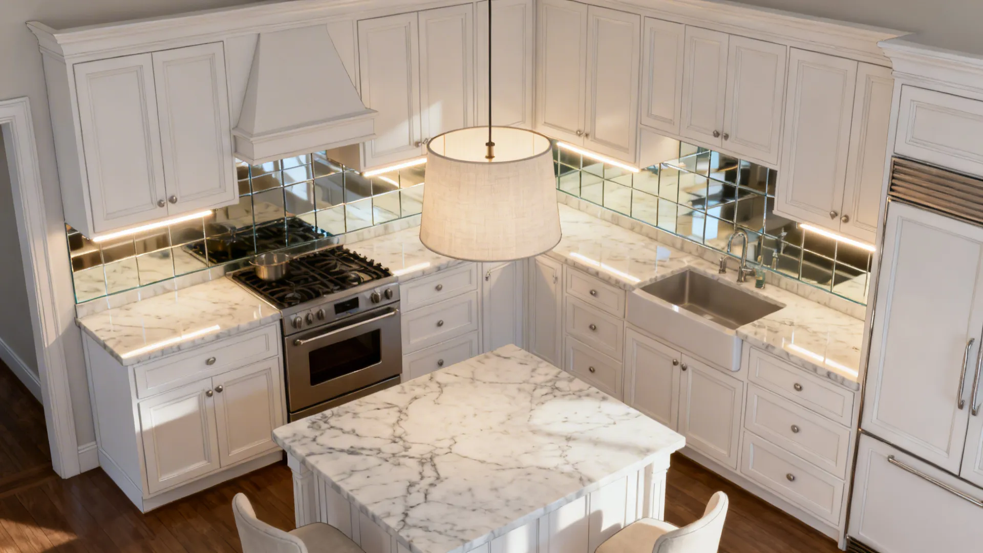 5) Layered lighting and a reflective backsplash