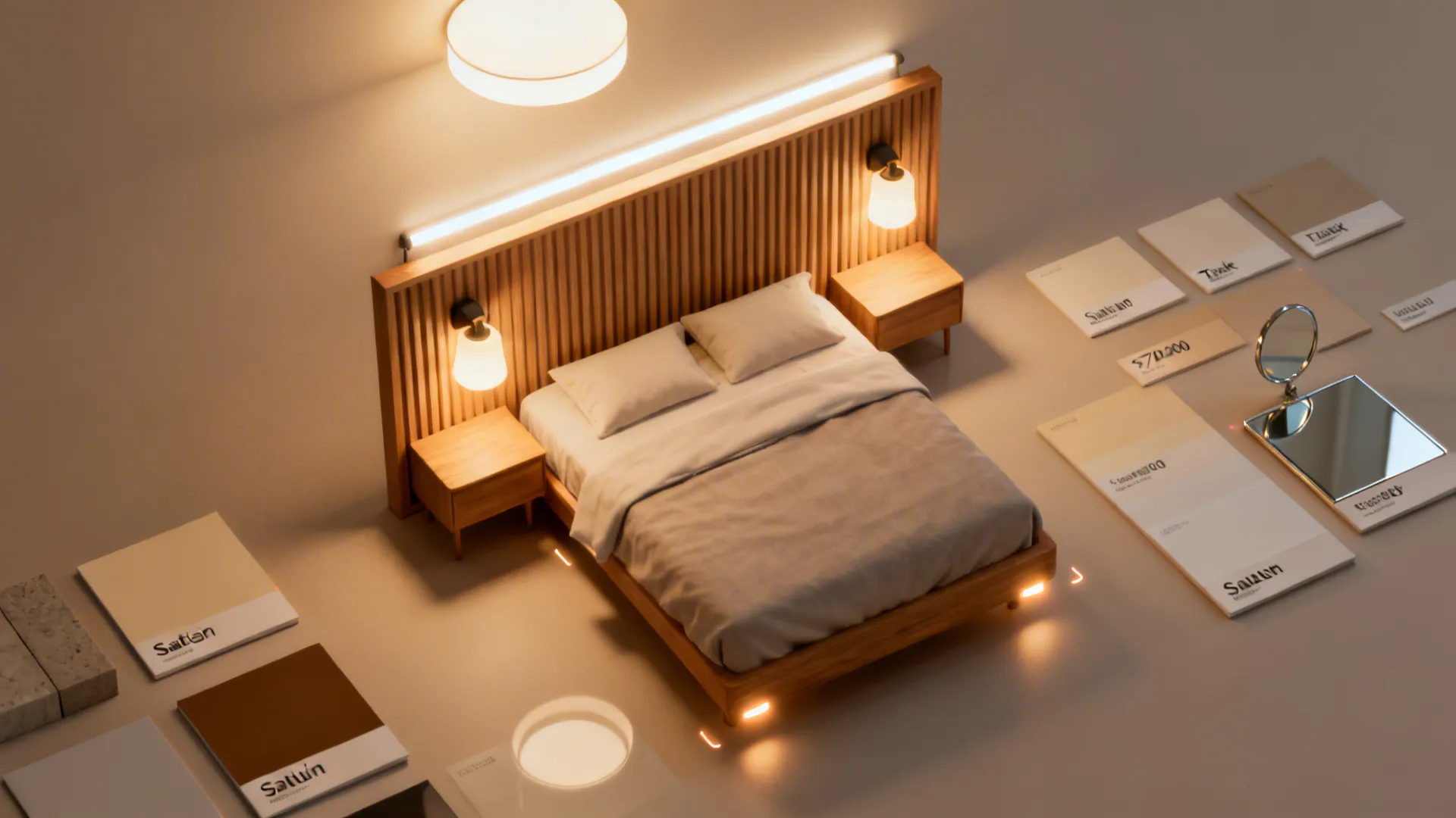 Top-down layout showing ambient, task, and accent lighting with reflective samples.