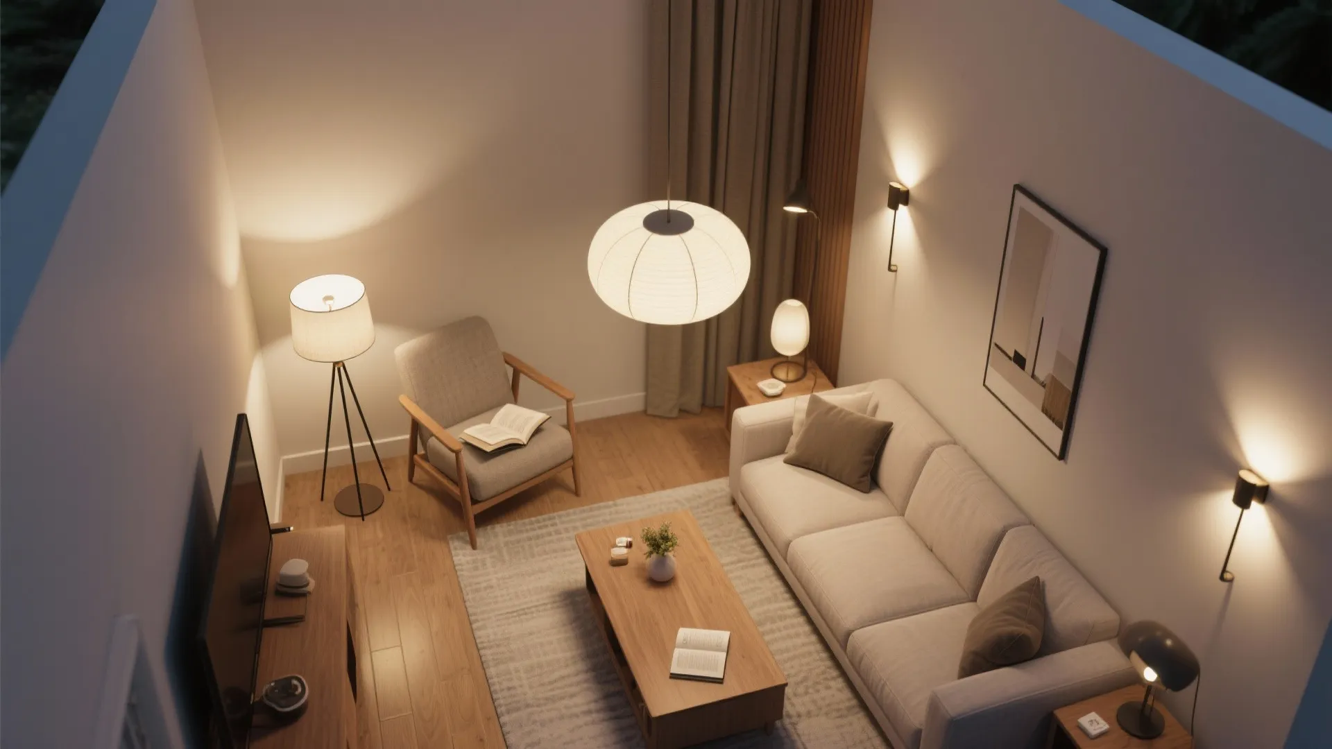 2) Layered lighting with pendants, floor lamps, and wall lights