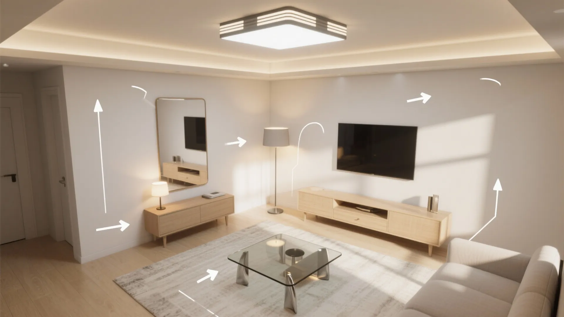 Modern living room interior design showing various light fixtures with arrows pointing to different light sources