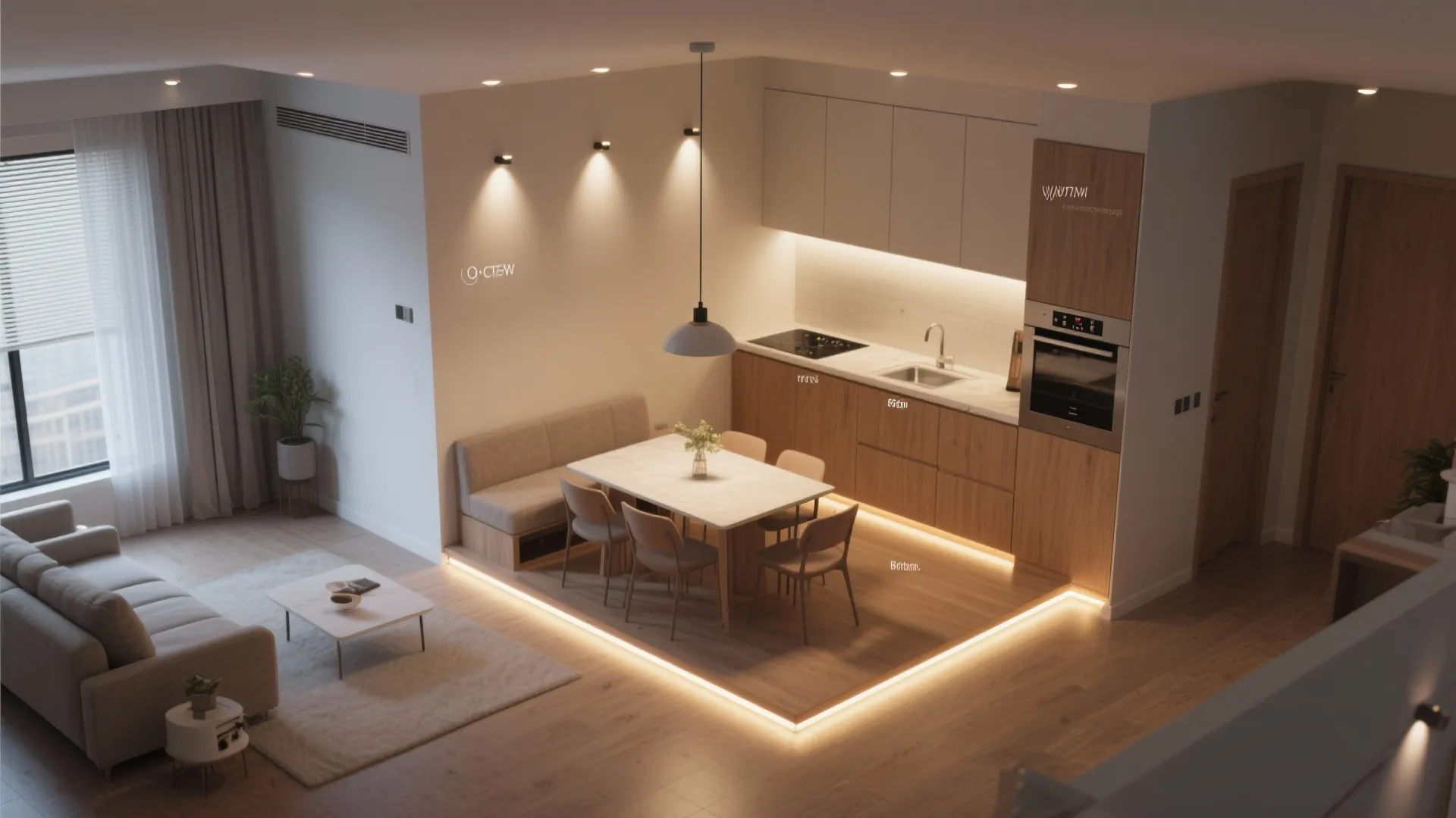 1. Layered lighting with compact fixtures