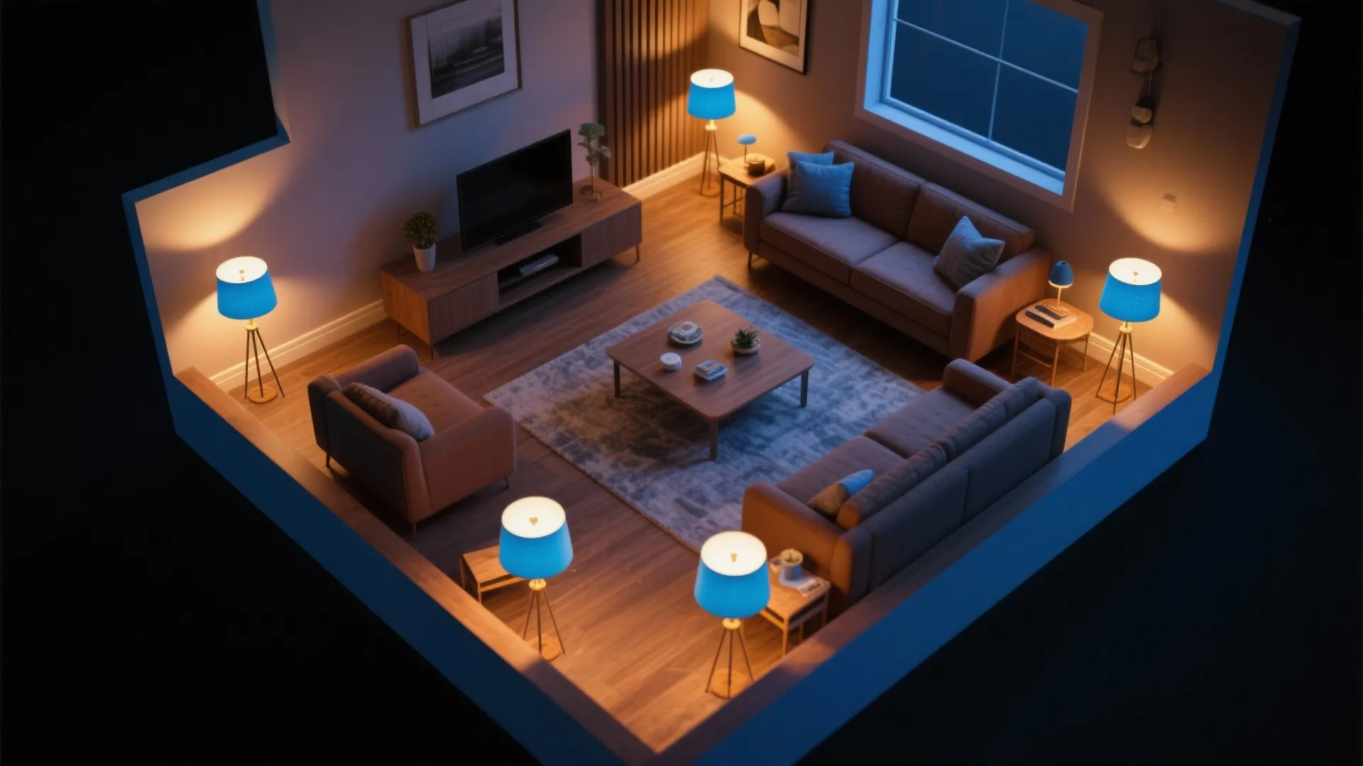10. Layered Lighting in Brown and Blue Schemes