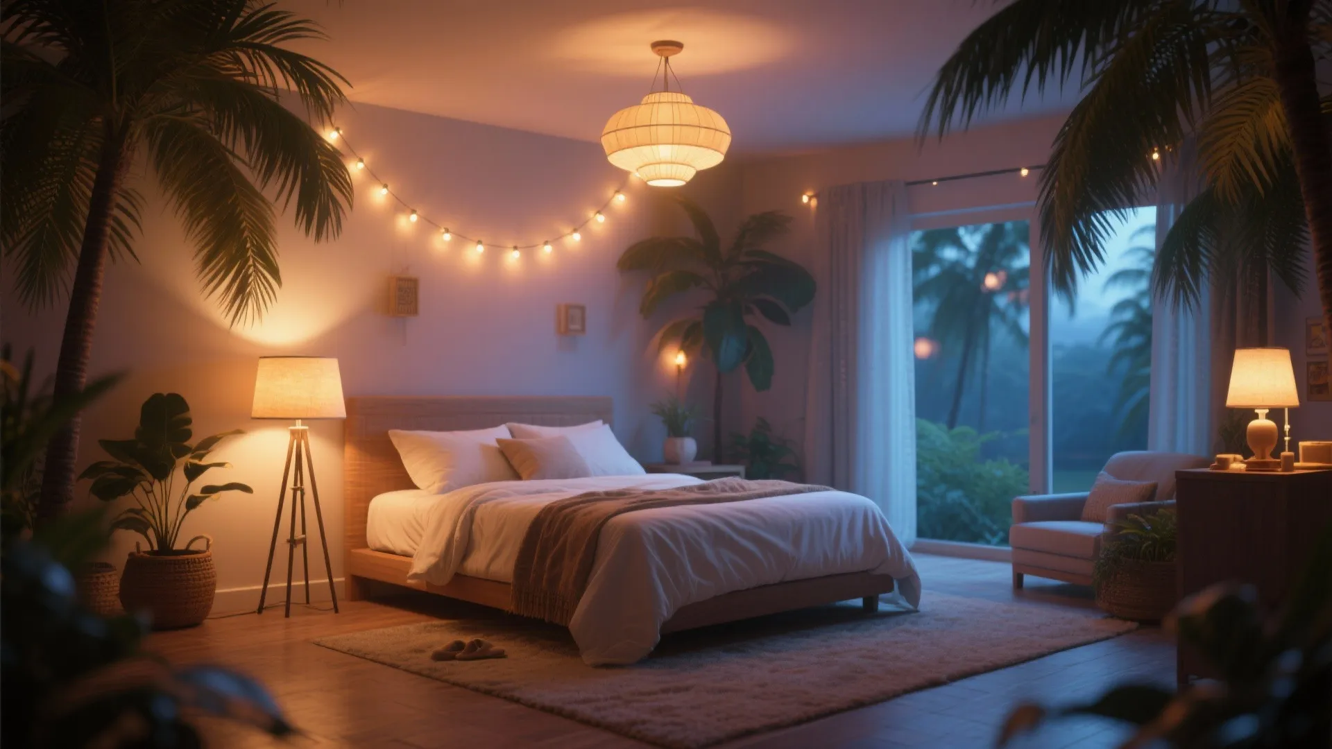 Cozy bedroom with warm ceiling light floor lamp string lights indoor palm trees and large bed
