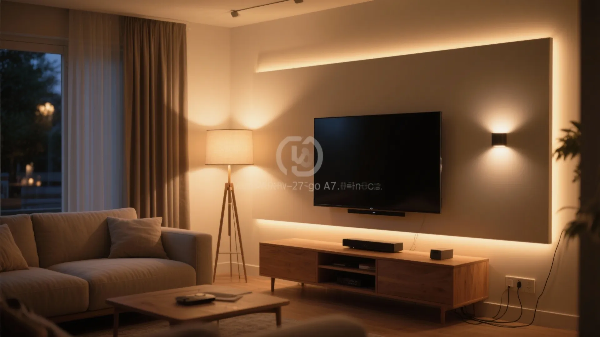 Small TV with warm bias light, floor lamp behind sofa, and dimmable sconce creating a cozy layered scene.