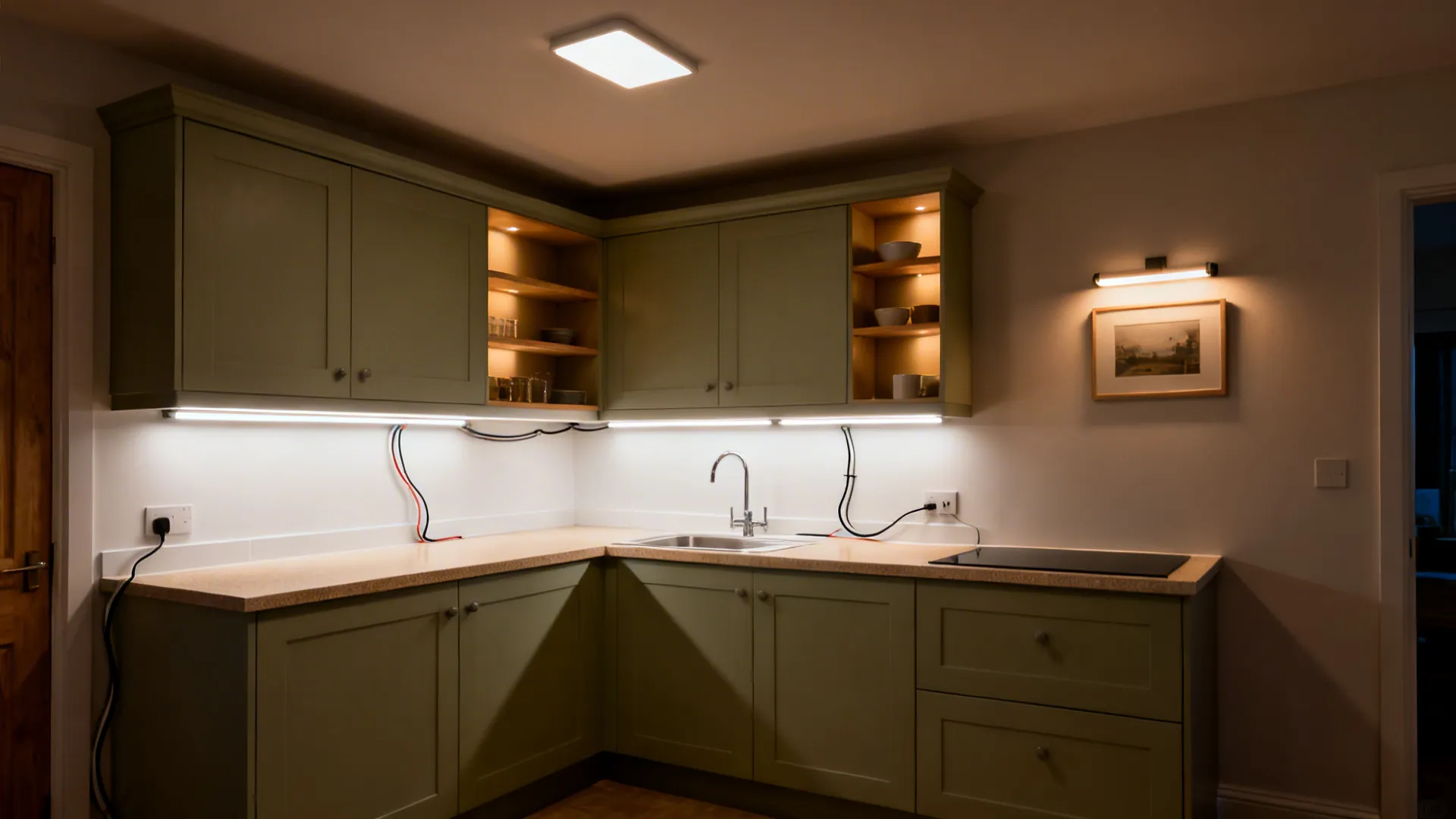 Small UK kitchen with LED strips, a flush mount, and a picture light creating warm layers.