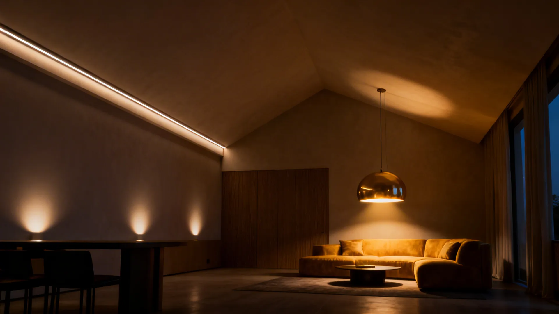 Half-vaulted living room with trough lighting, wall washers and a central pendant creating warm layered illumination