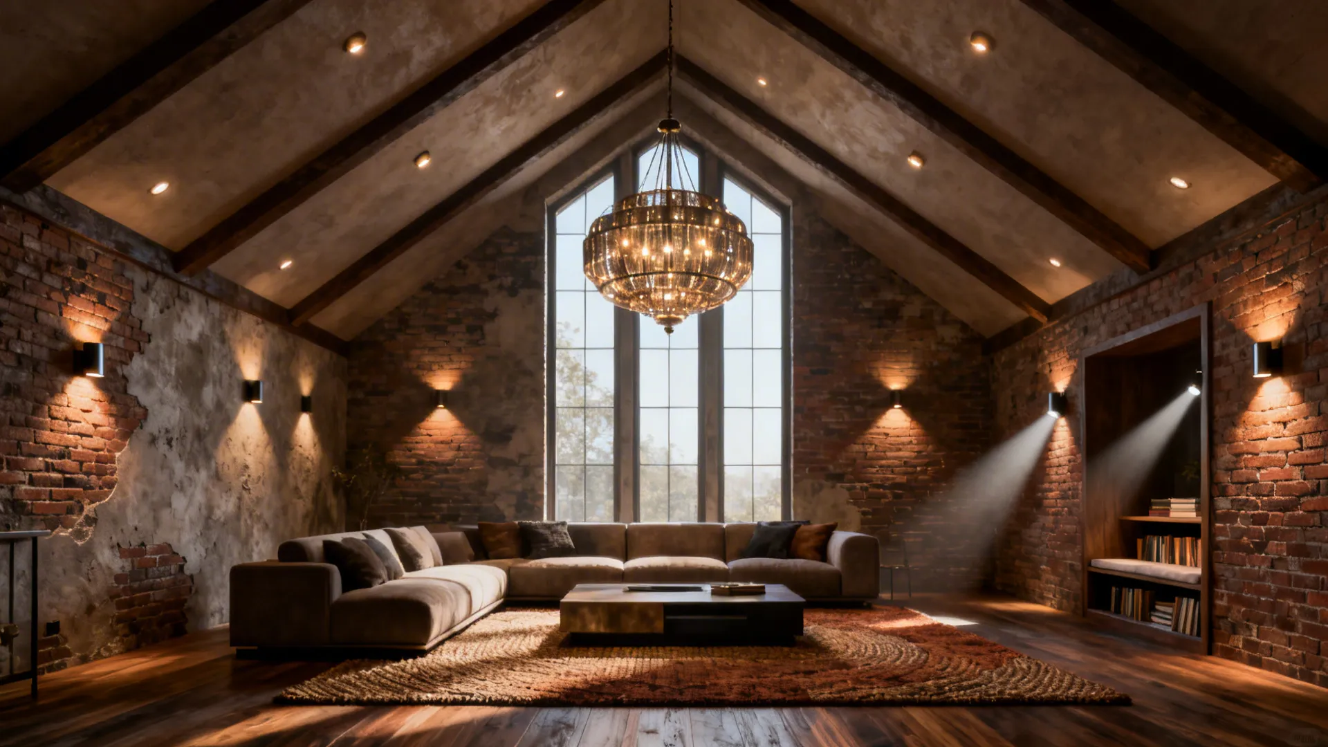 Vaulted ceiling living room with brick walls large ceiling light wall lights and brown sofa