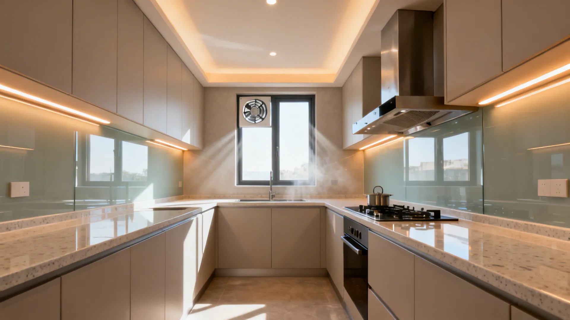 Compact kitchen with ambient, task, and accent lighting plus chimney and window exhaust for ventilation.