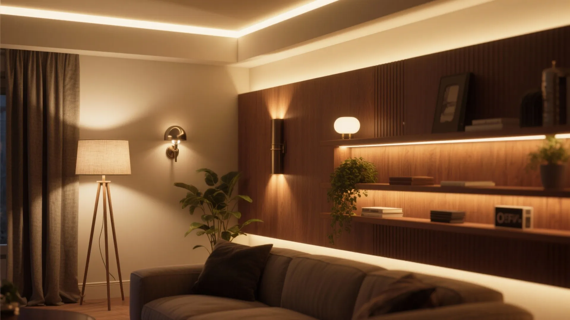 Living room wall featuring wood panels wall lights open shelves with plants and soft glowing light
