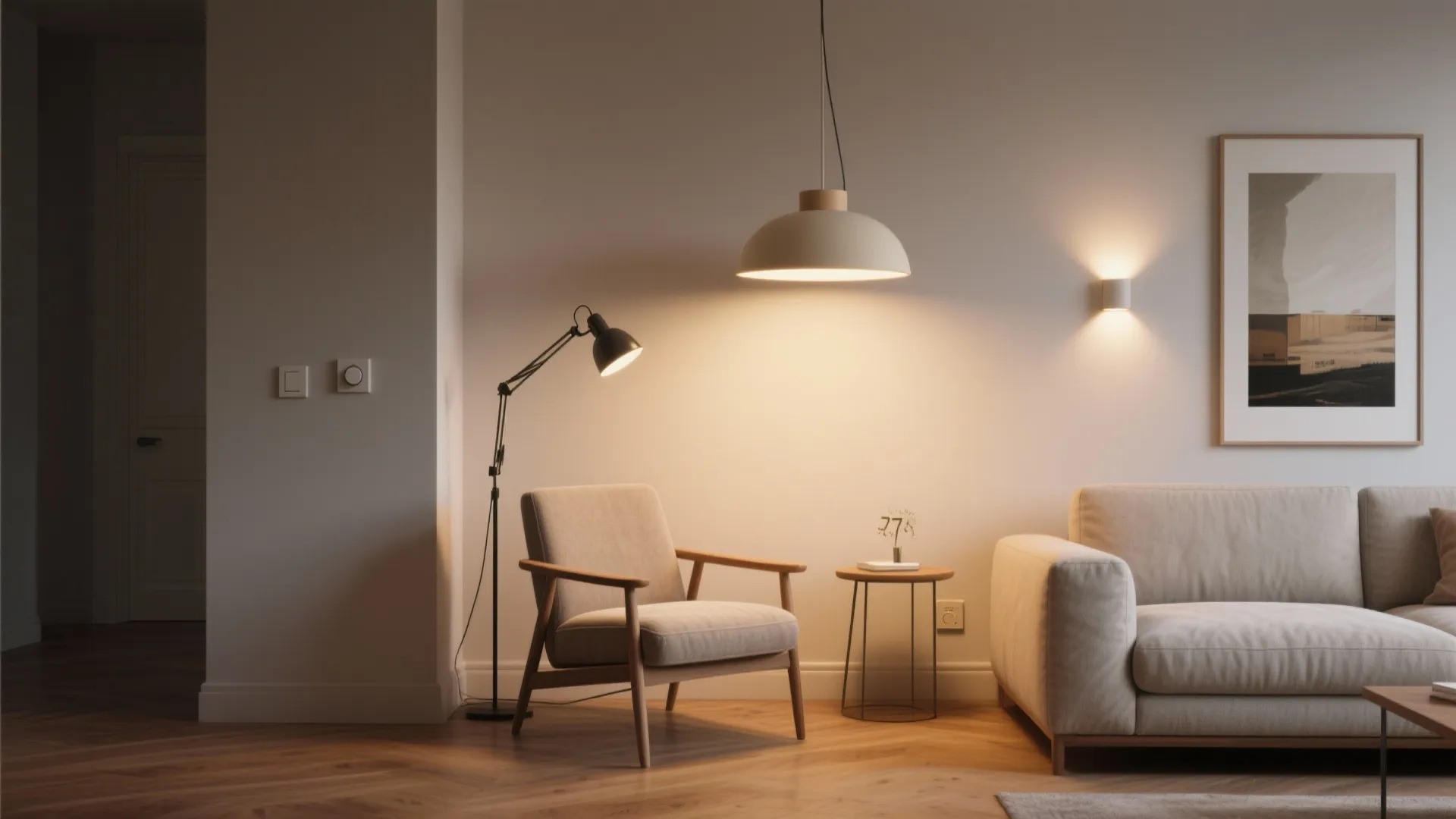 Vignette showing ambient pendant, task floor lamp, and accent wall washers in a living area.