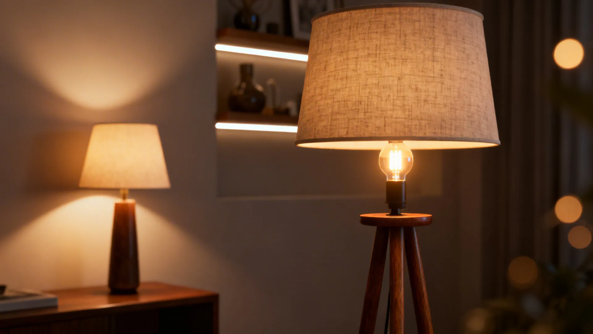 Cozy room interior featuring wooden floor lamp table lamp and warm glowing shelf light fixtures