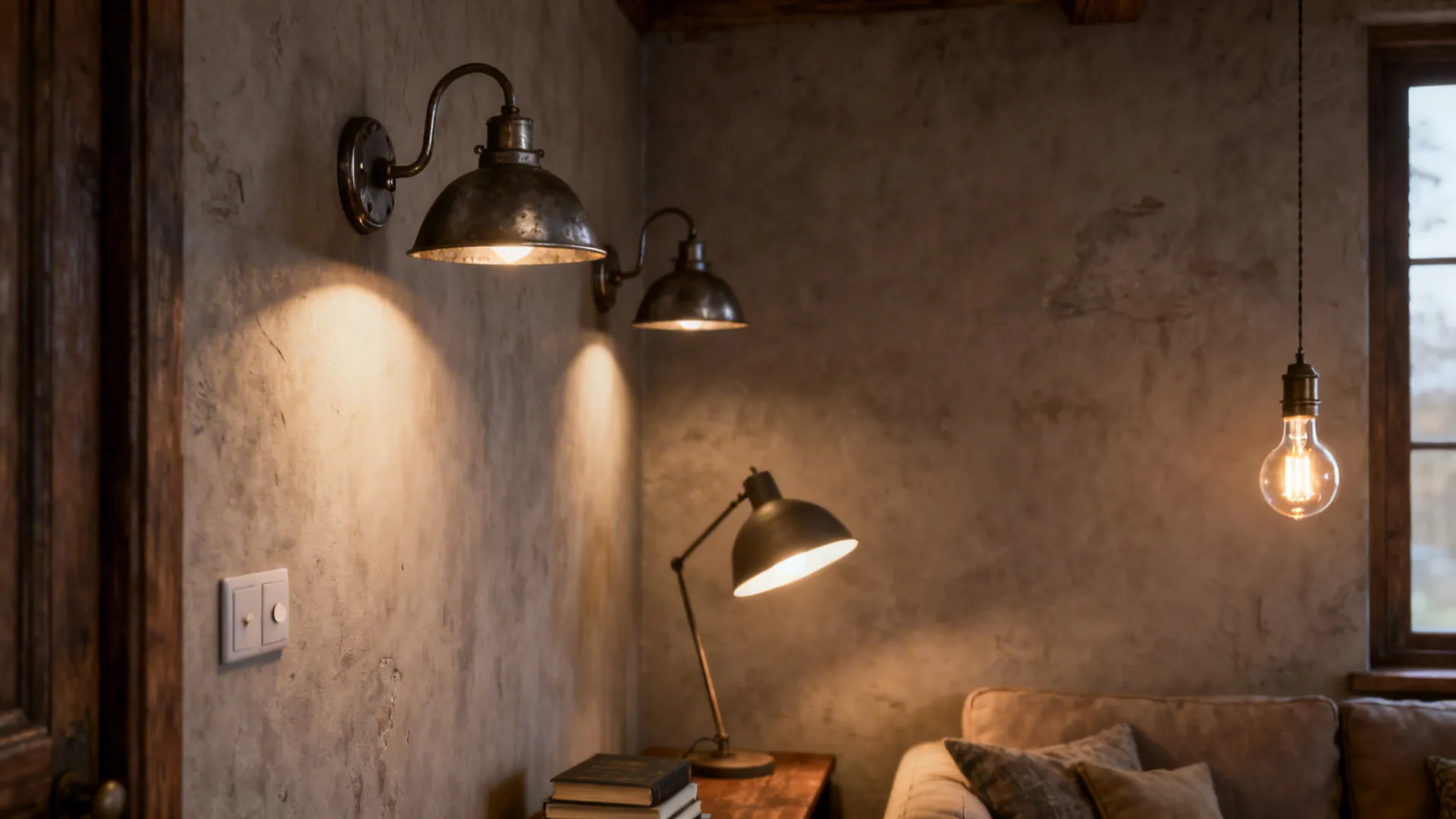 Layered lighting with vintage Edison pendant and wall sconces in a small rustic living room