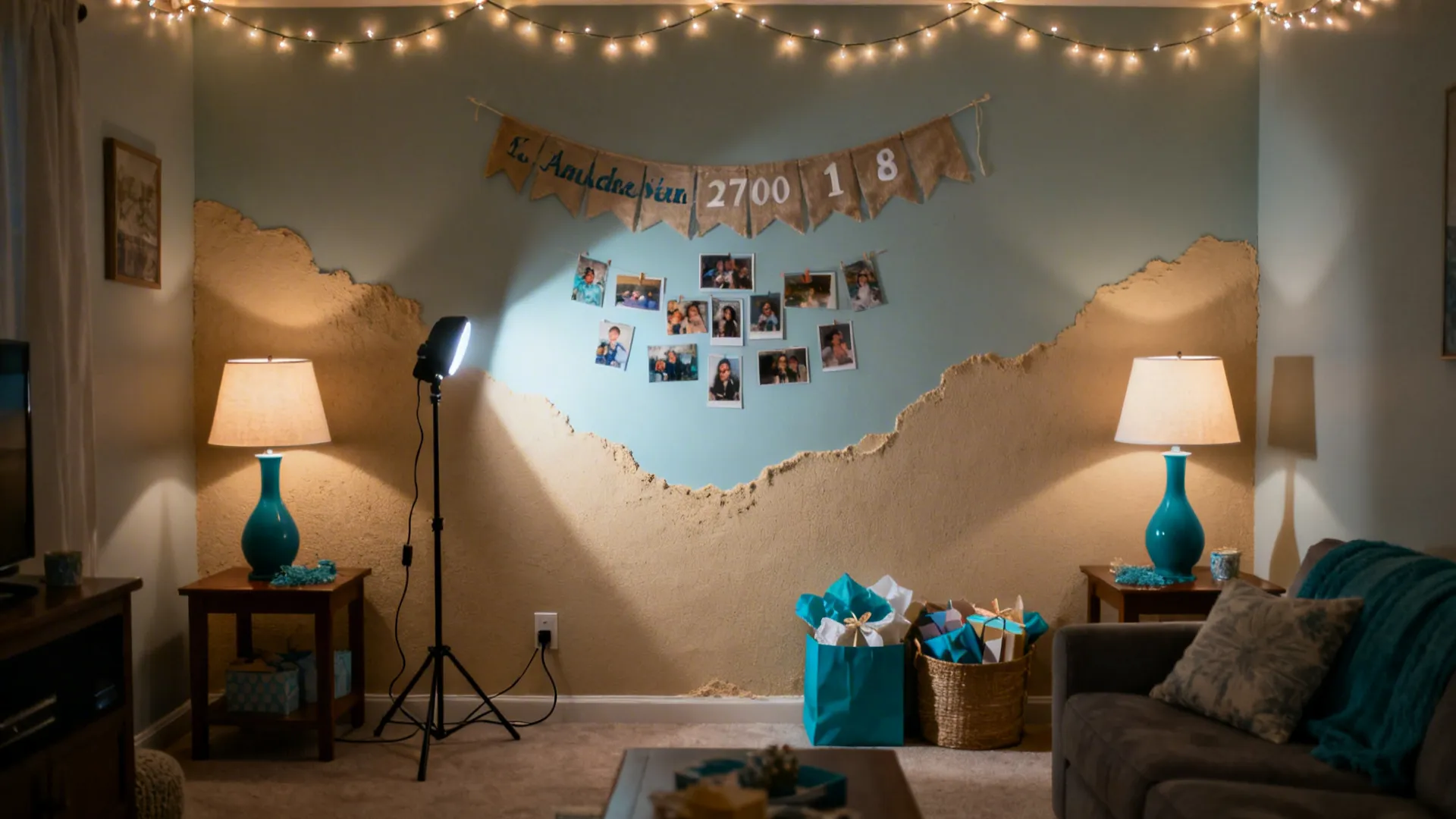 Layered warm lighting highlights a DIY focal wall in a compact living room.