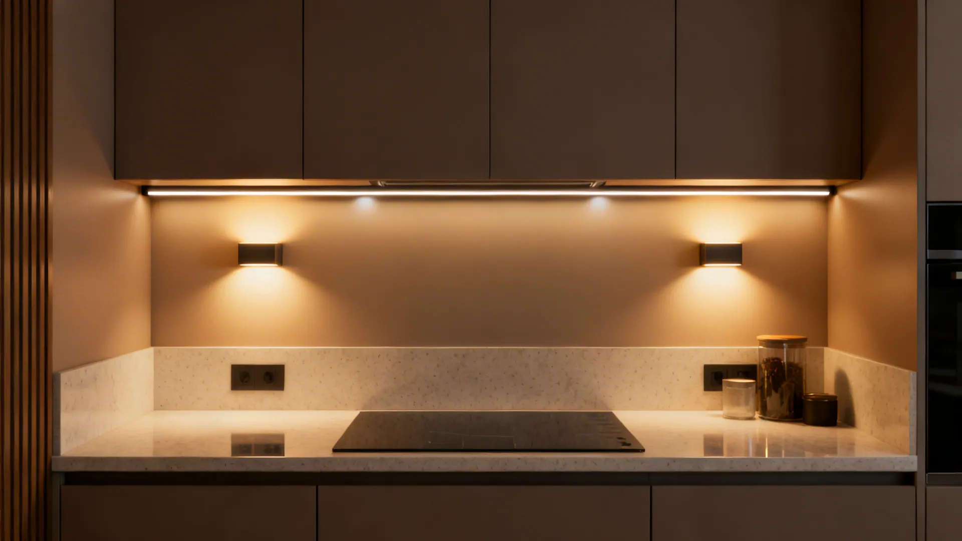 Compact kitchen wall with sconces and diffused under-cabinet LEDs evenly lighting the worktop.
