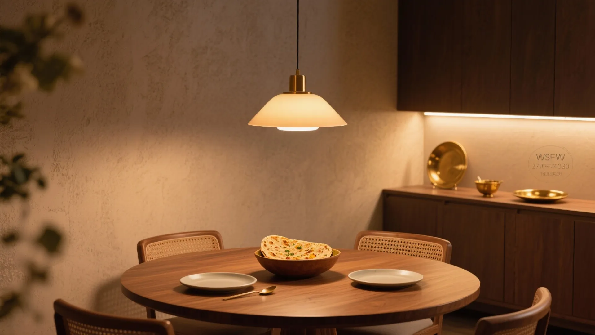 Warm pendant, wall washers, and under-shelf LED create layered lighting over an Indian dining table.