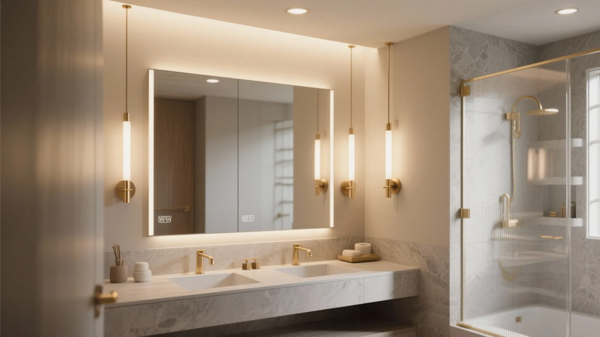 Luxury bathroom with double sink marble counter large mirror gold light fixtures and glass shower