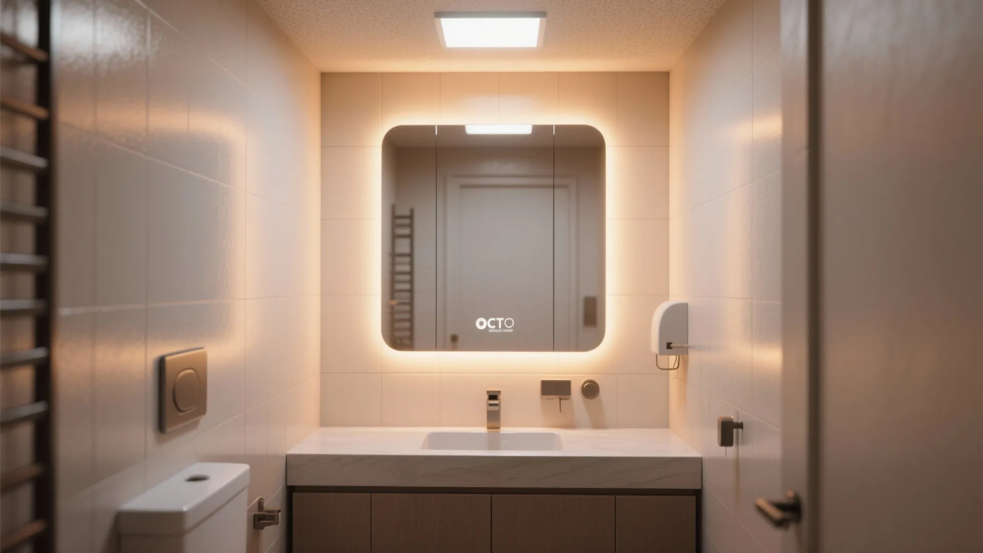 Compact WC with a backlit mirror and dimmable ceiling light for soft layers.