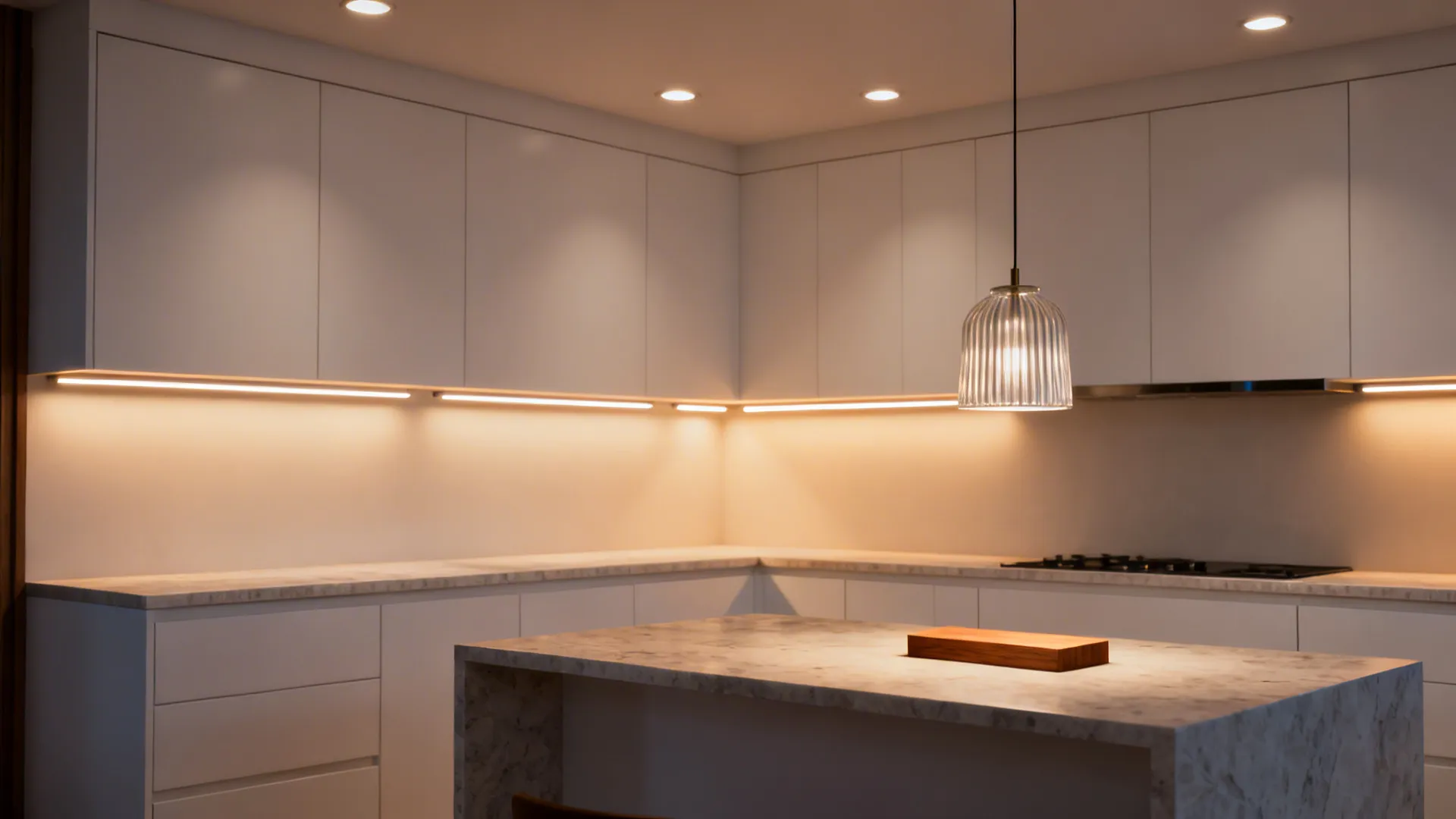 Modern white kitchen with recessed lights, warm under-cabinet LEDs, and a ribbed-glass pendant.