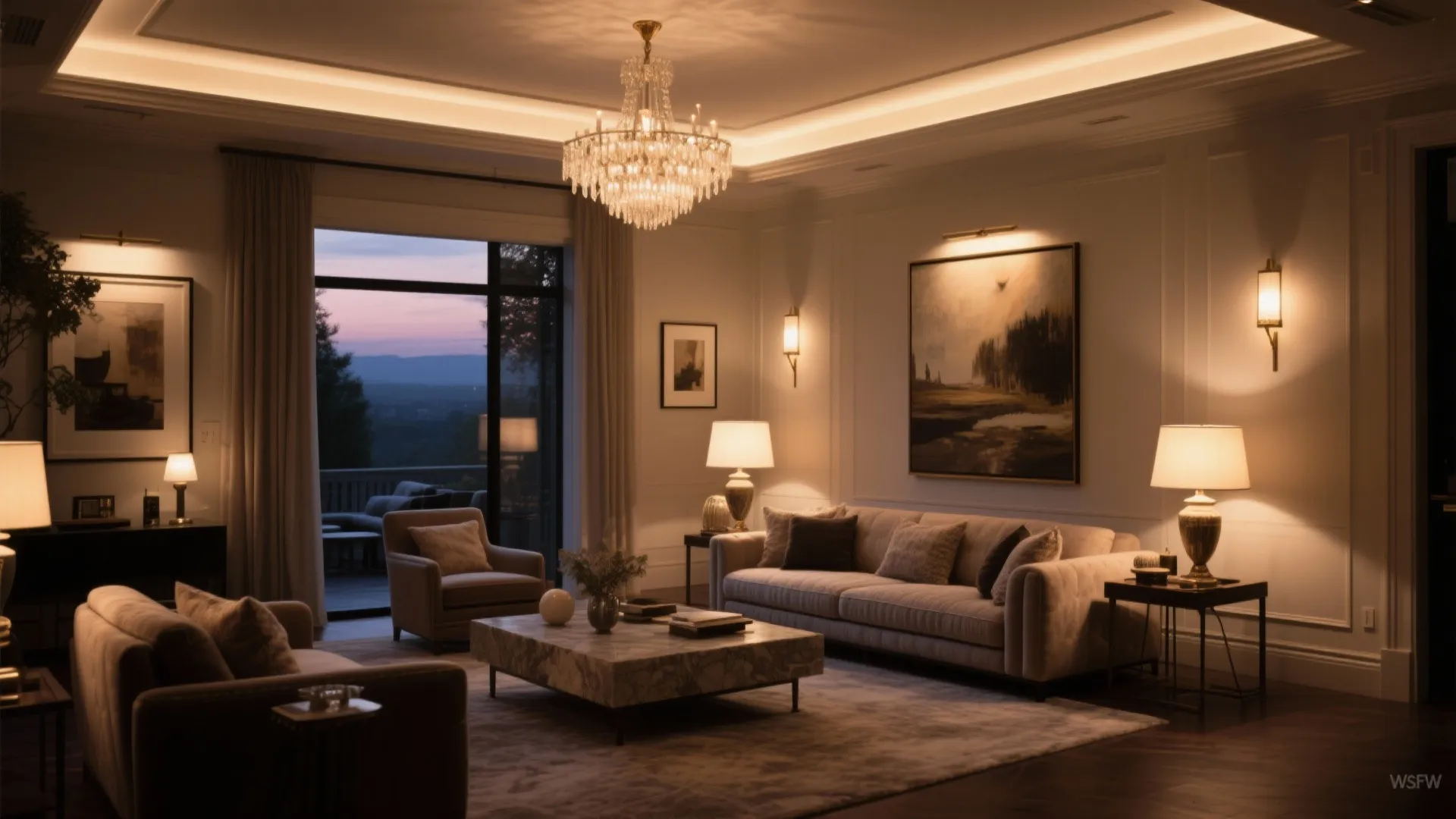 Elegant living room with a large ceiling light wall light fixtures table lamps and sofa