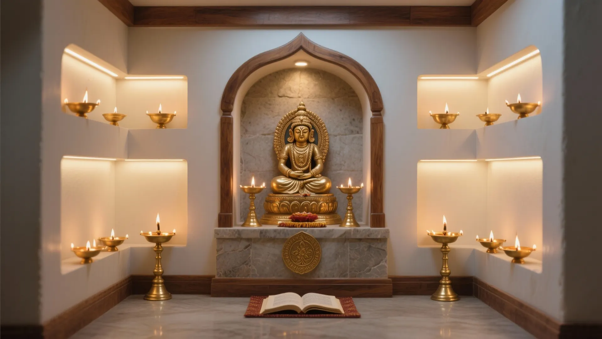 Traditional prayer room design with golden statue warm light wall niches and open book on floor