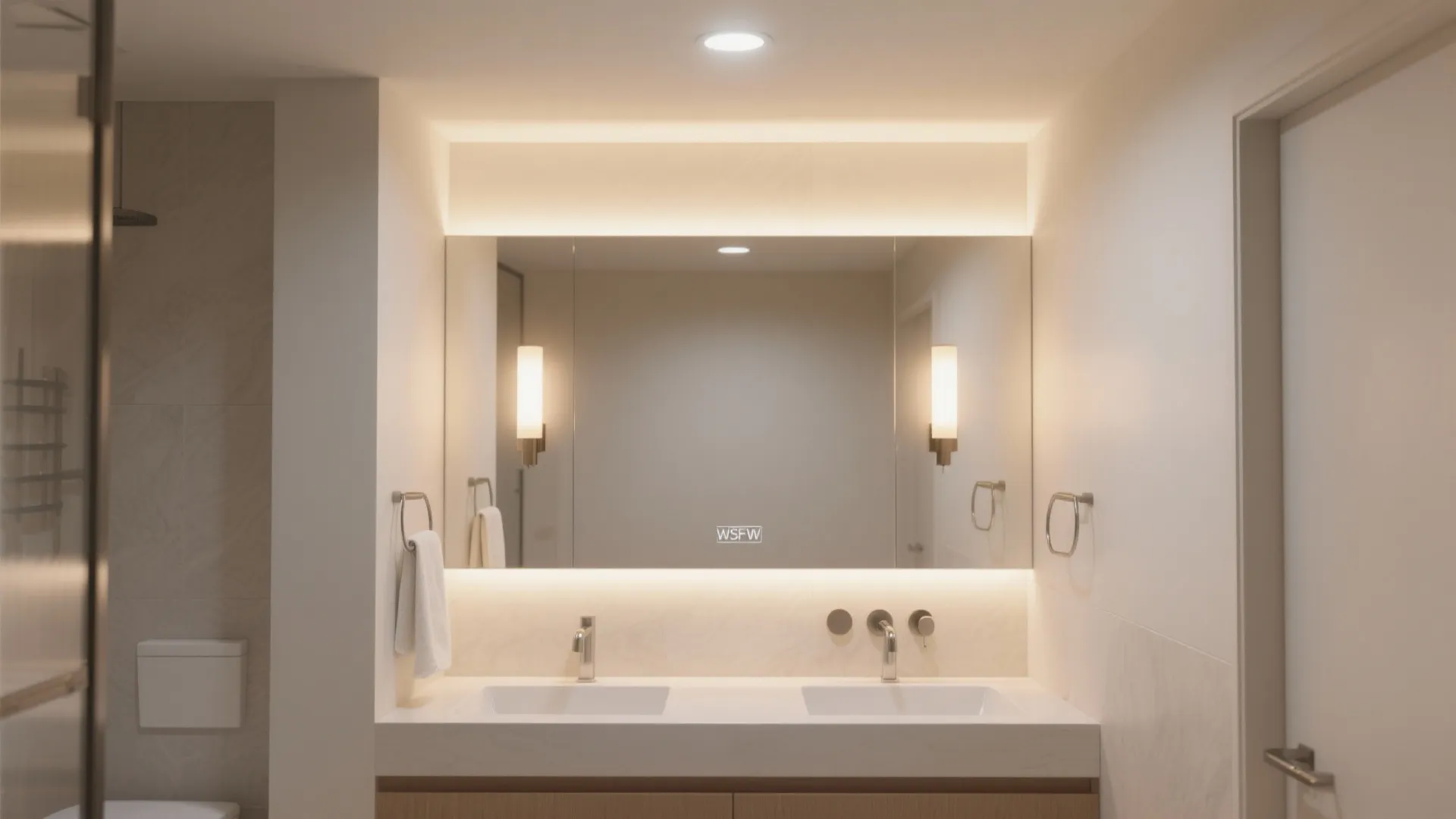 Bright bathroom vanity with double sinks large lit mirror wall lights and warm recessed lighting