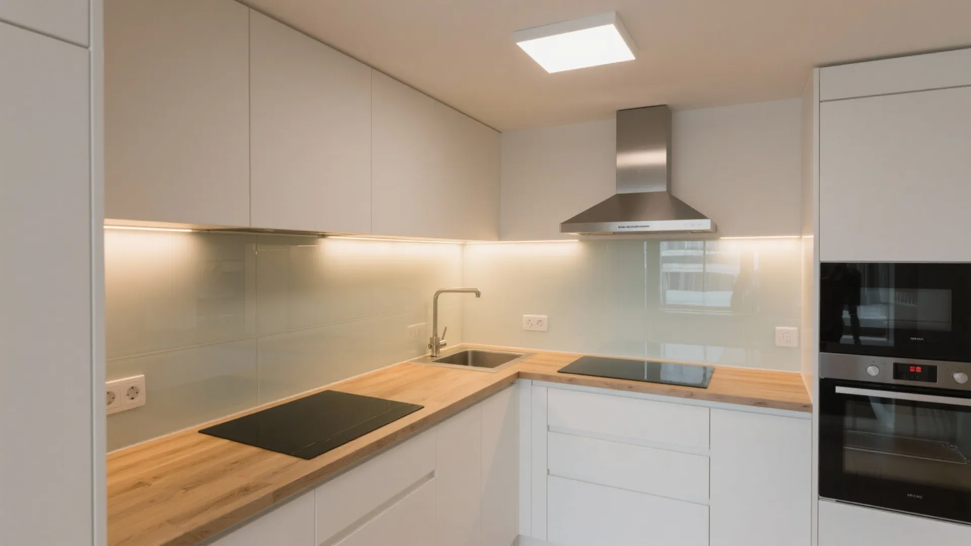 Compact L-shaped kitchen with layered lighting and a modern high-capacity hood.