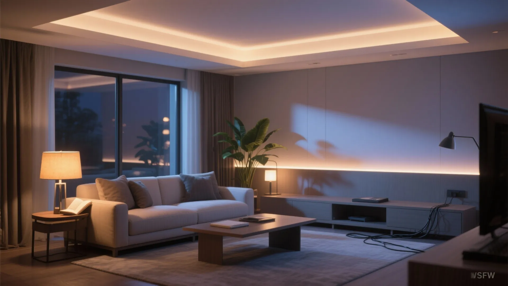 Layered lighting: ceiling, task, and glow