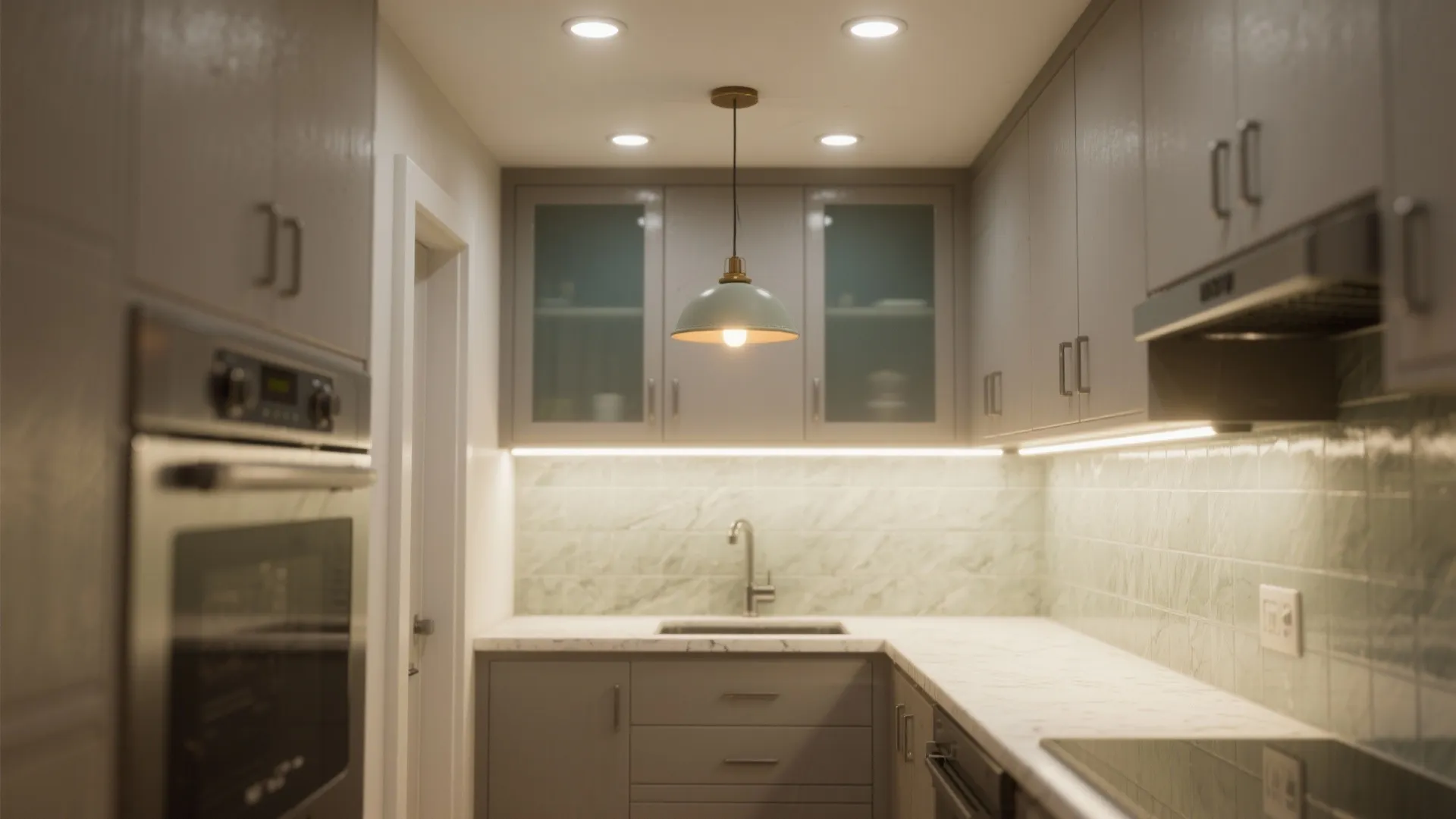 Modern kitchen with grey cabinets and marble tiles plus multiple light fixtures and built-in oven