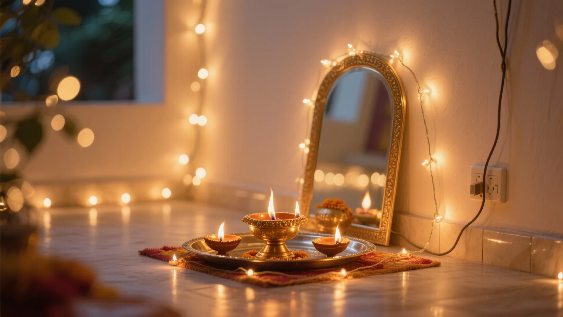 Layered Lighting: Diyas, Warm LEDs, and Reflective Brass