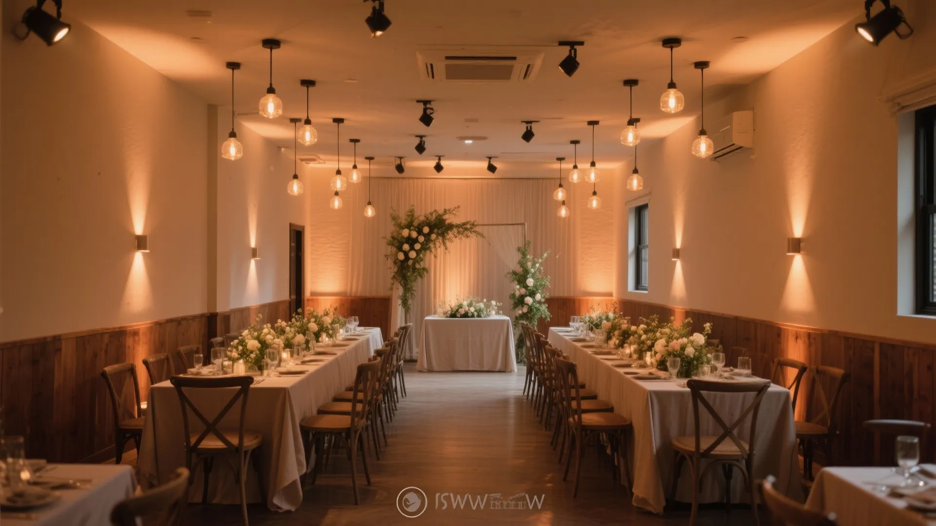 Indoor dining room with long tables floral arrangements wood wall panels and many hanging lights