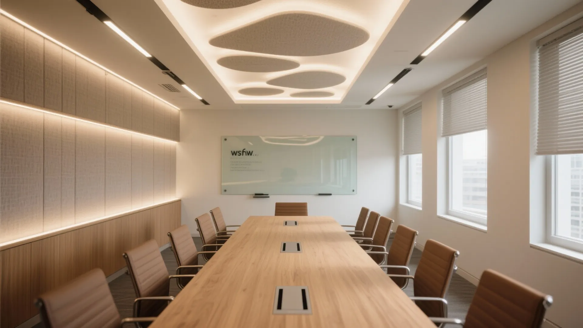 Modern meeting room with large wooden table brown leather chairs and unique decorative ceiling lights