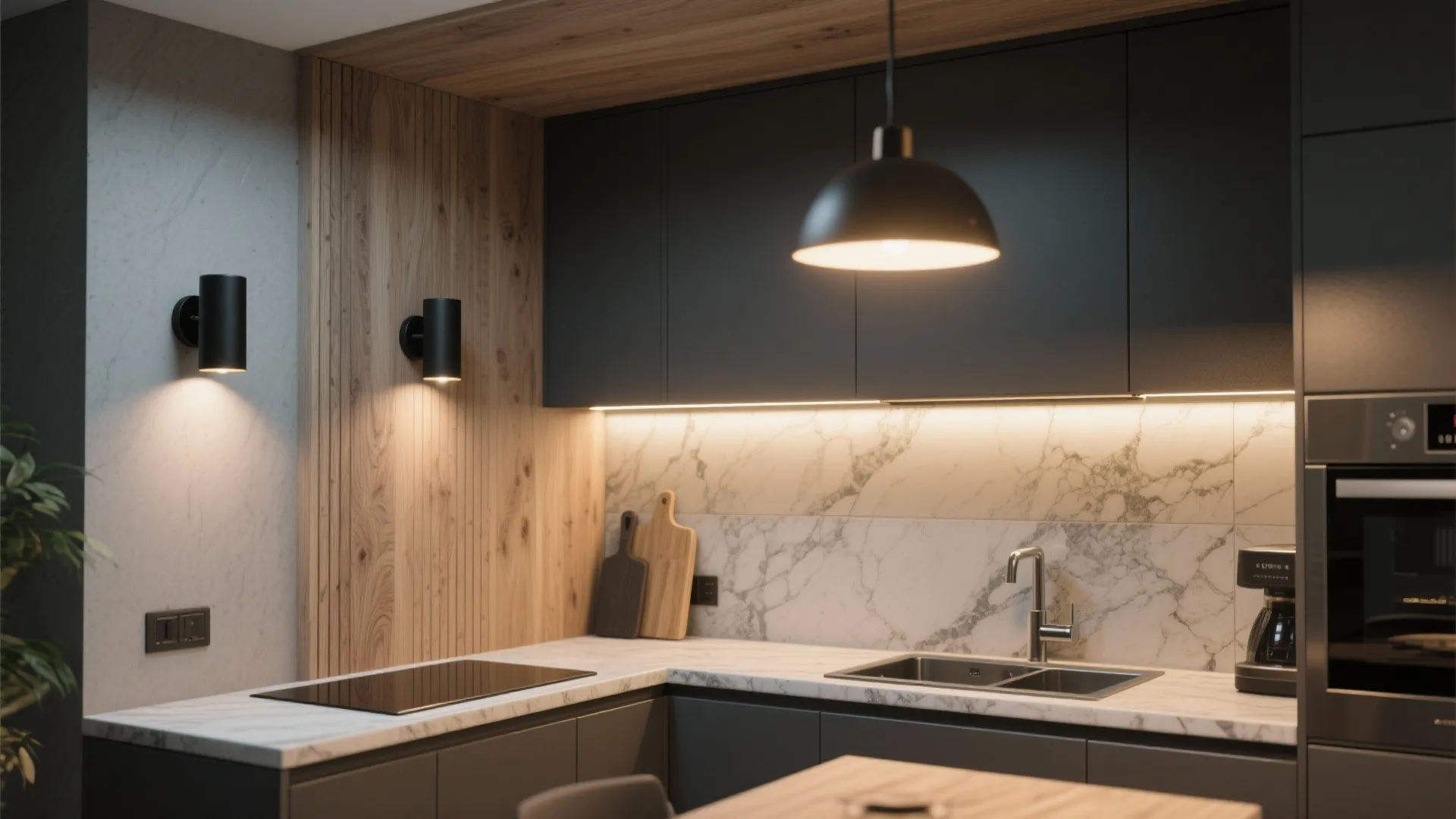 Layered lighting: black wall lights + under-cabinet + ambient