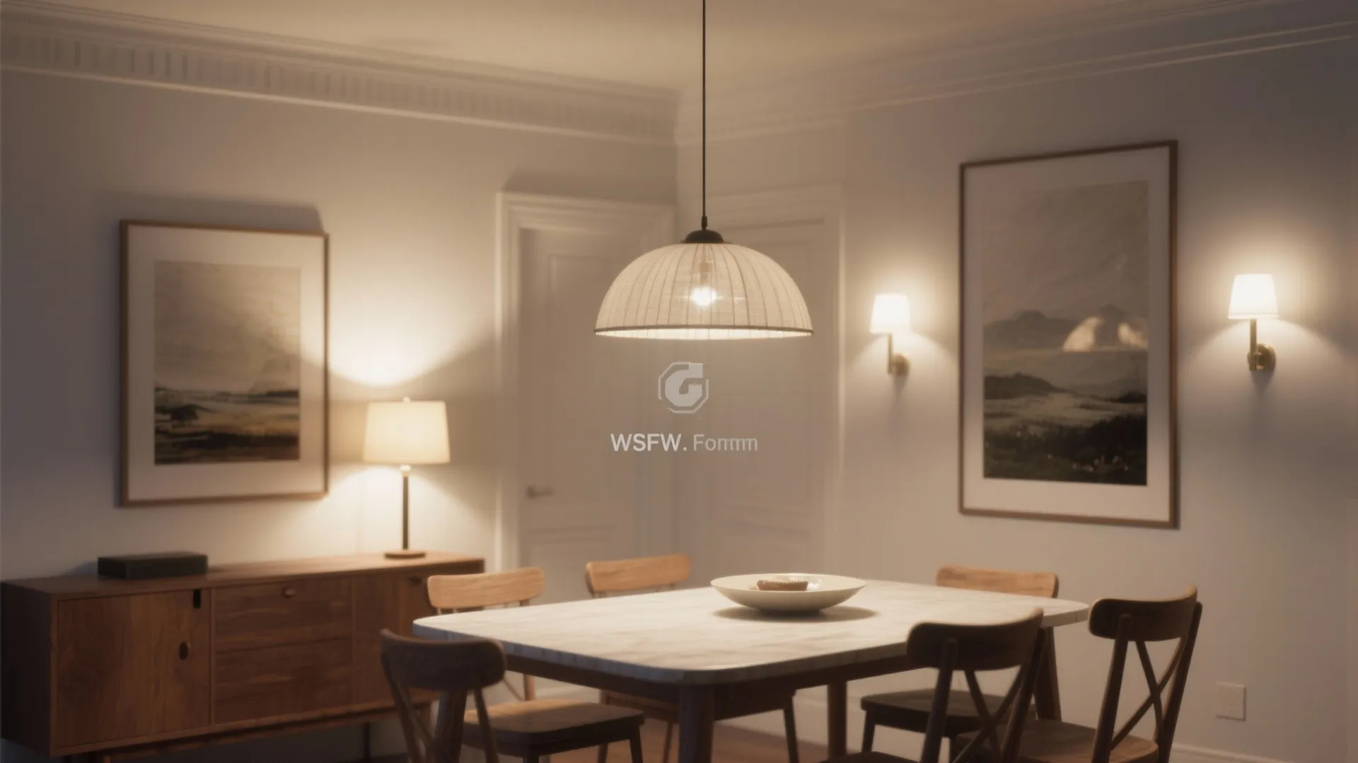 Layered lighting: pendant + wall wash + table lamp