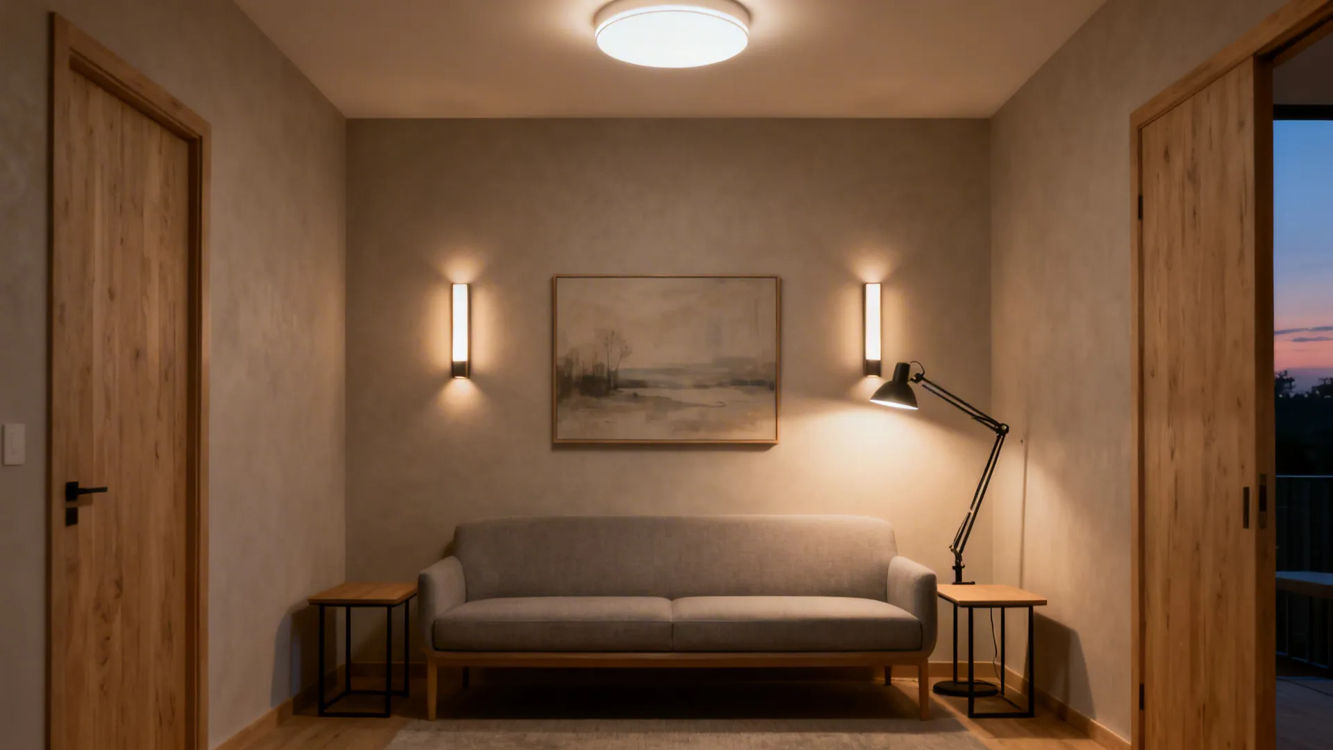 Neutral small living room glowing with a ceiling light, wall sconces, and a floor lamp.
