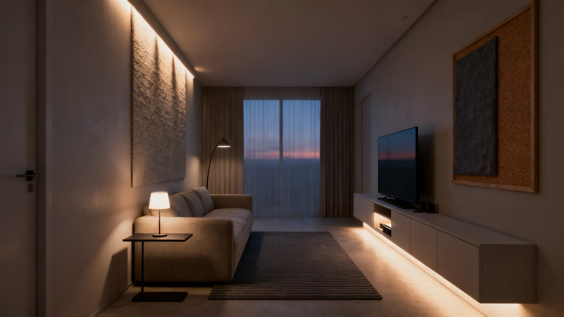 Cozy living room with sofa table lamp floor lamp television and warm light from several sources