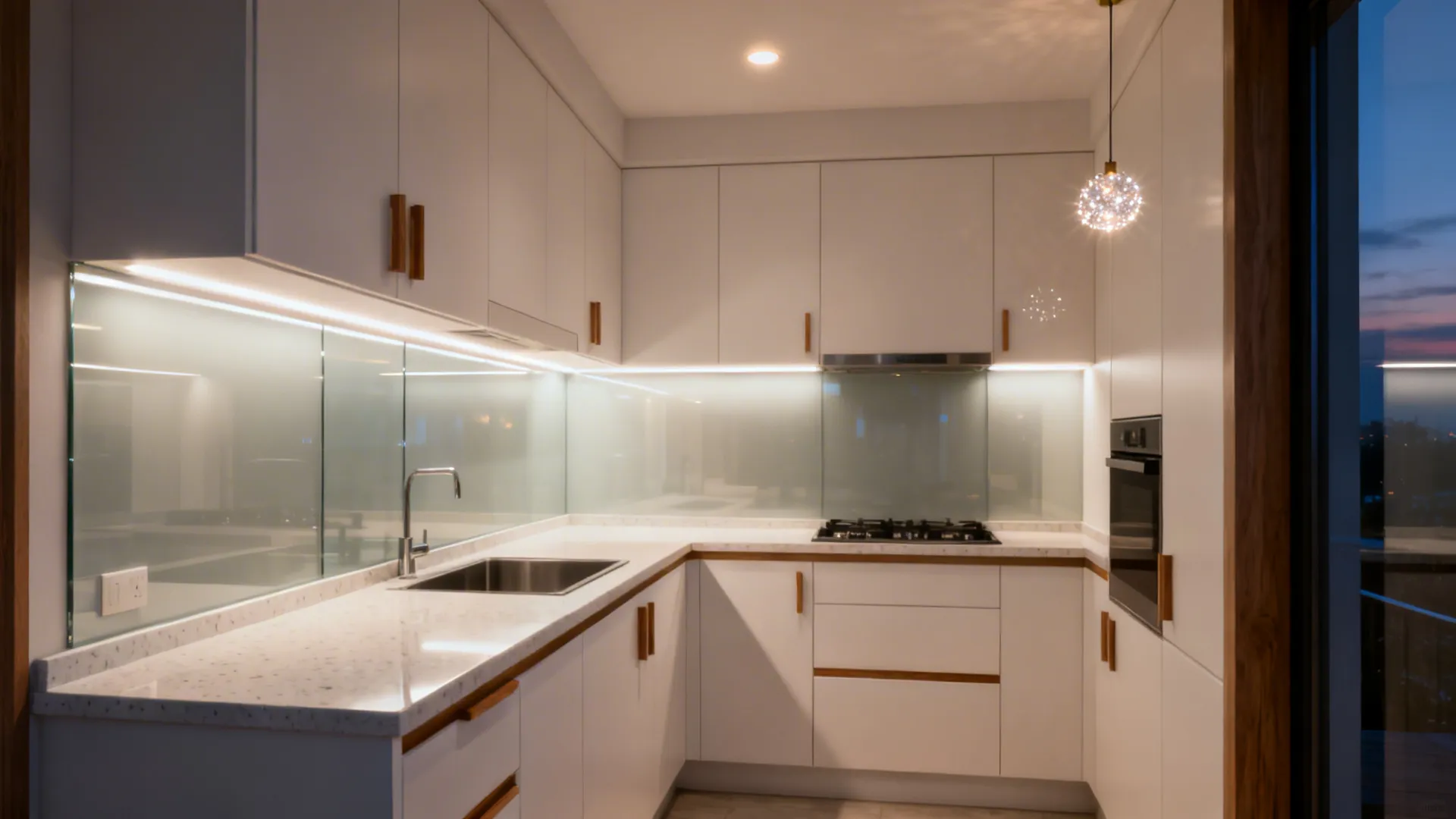 Small kitchen at dusk with under-cabinet task lights, ambient ceiling lighting, and a small pendant.