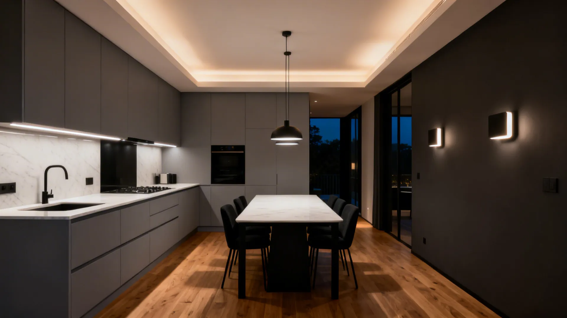 Open plan kitchen diner with ambient, task, and pendant lighting creating distinct zones.