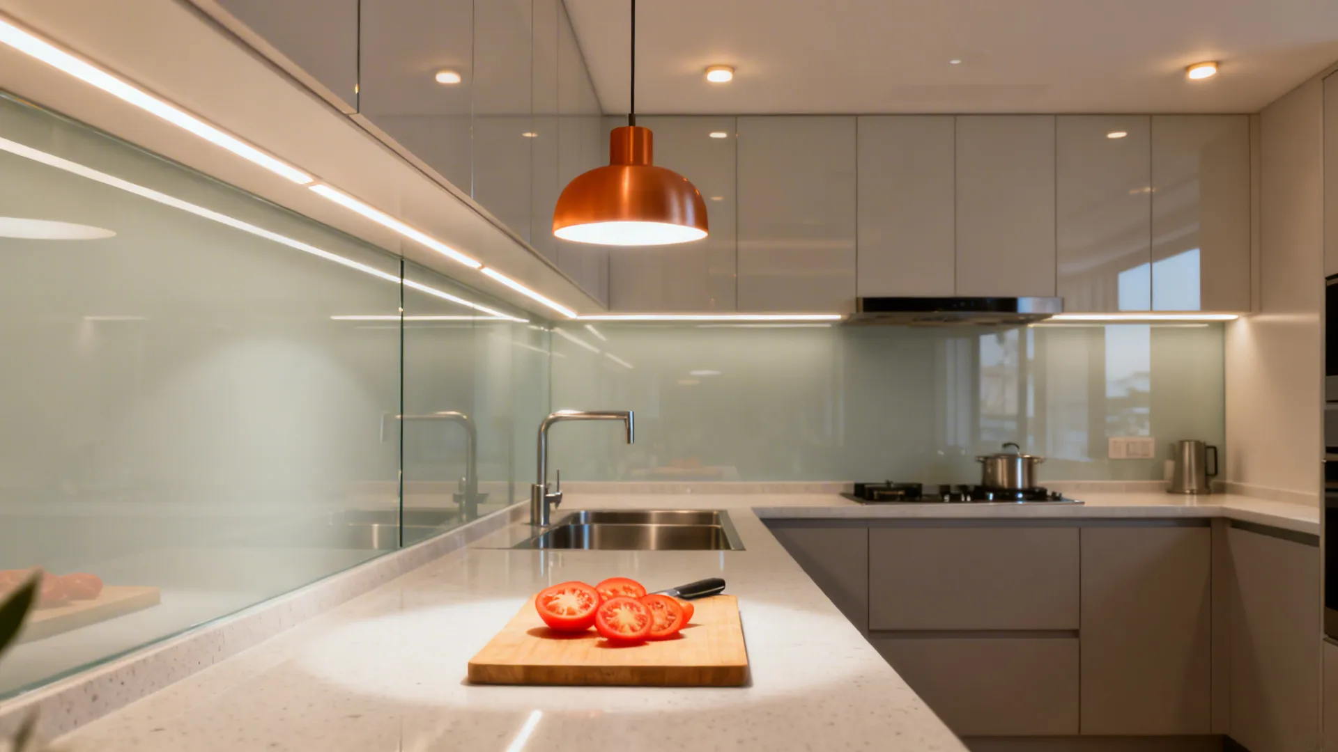 Small kitchen with under-cabinet LEDs, pendants, and ambient lighting reflecting off a pale glass backsplash.