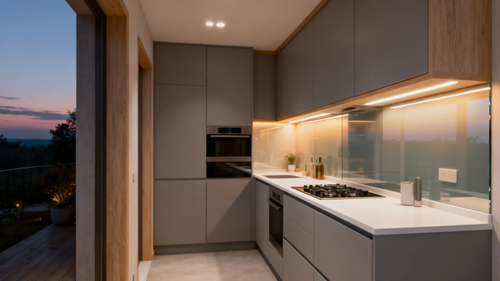 Compact kitchen at dusk with warm ambient lights and bright under-cabinet task lighting.