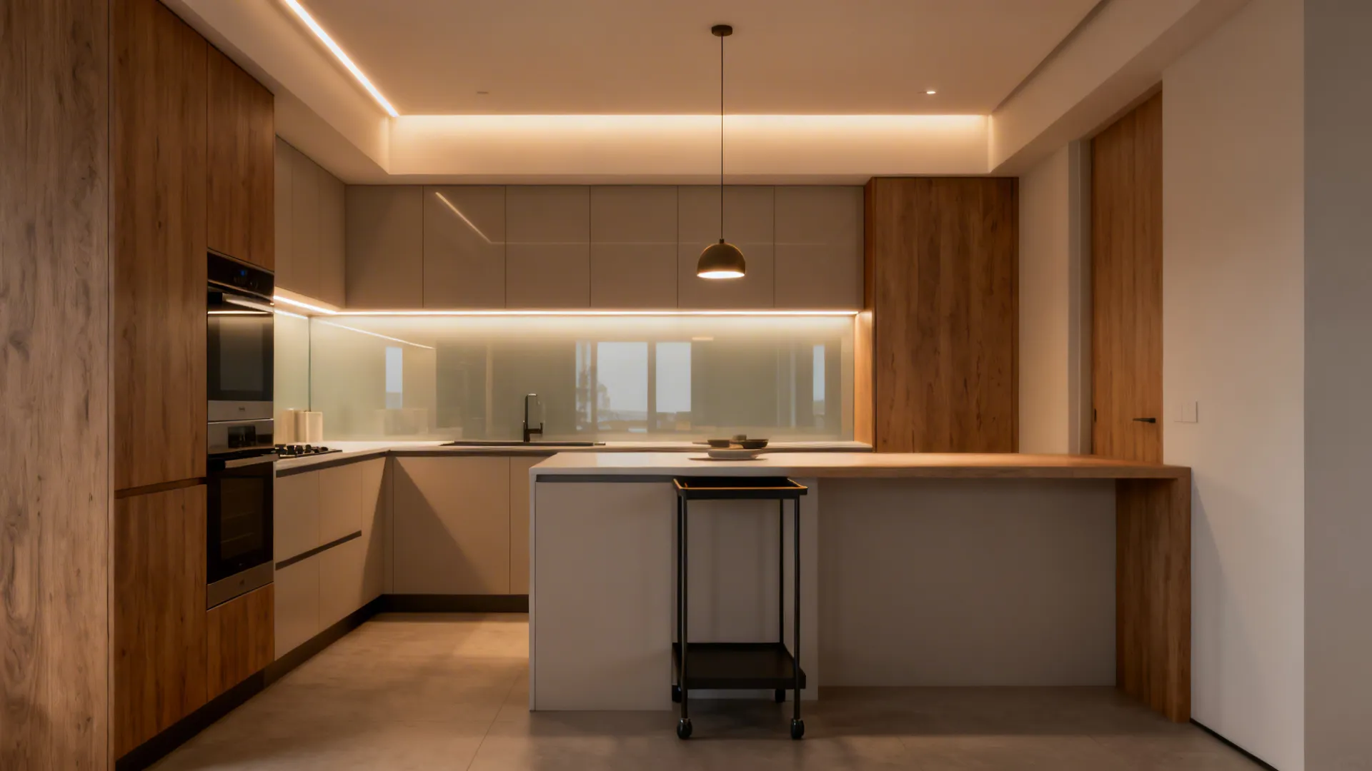 10x12 kitchen with under-cabinet LEDs, ambient ceiling wash, and a small pendant.