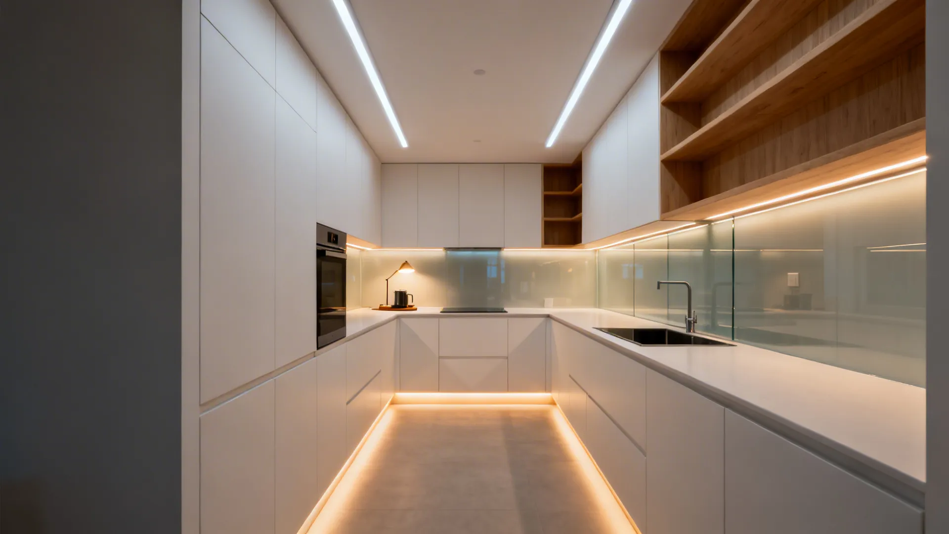 Narrow galley with ceiling linear LED, warm under-cabinet strips, and a small task lamp.