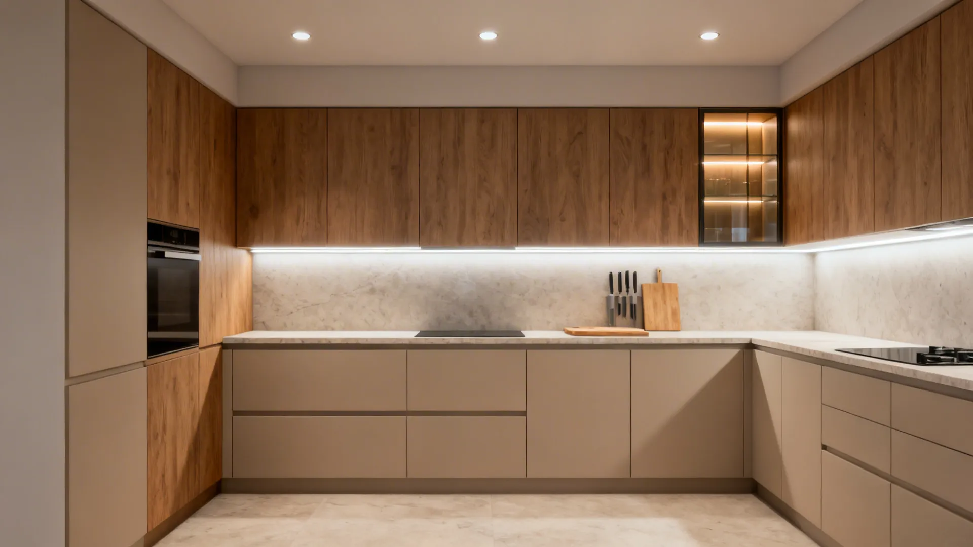 Layered kitchen lighting with recessed ambient, under-cabinet task lights, and a subtle accent cabinet.